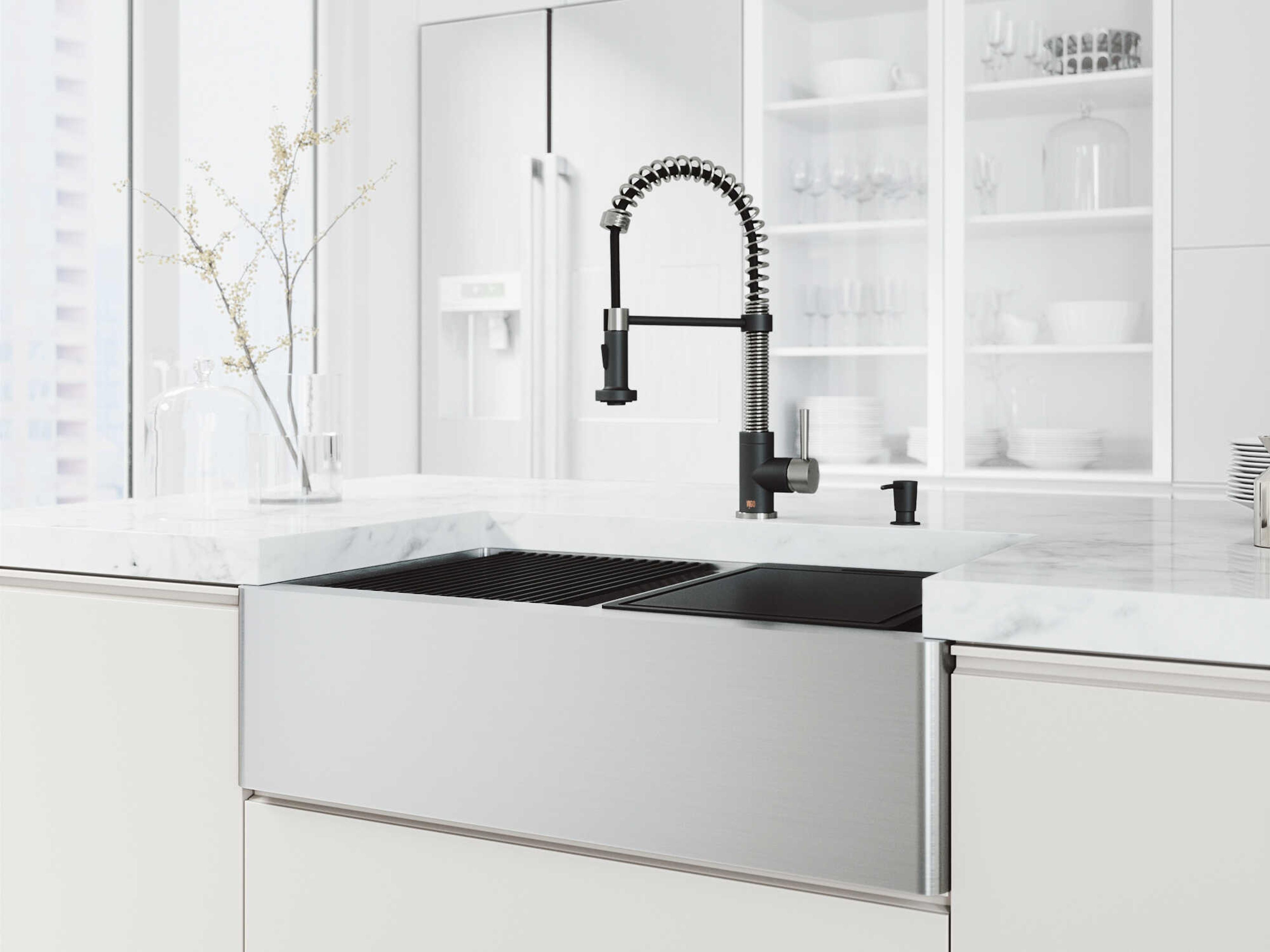 Vigo Oxford Stainless Steel 33" Rectangular Double-Bowl Undermount Flat-Front Farmhouse Kitchen Sink with Matte Black Pull-Down Sprayer Edison Faucet and Soap Dispenser
