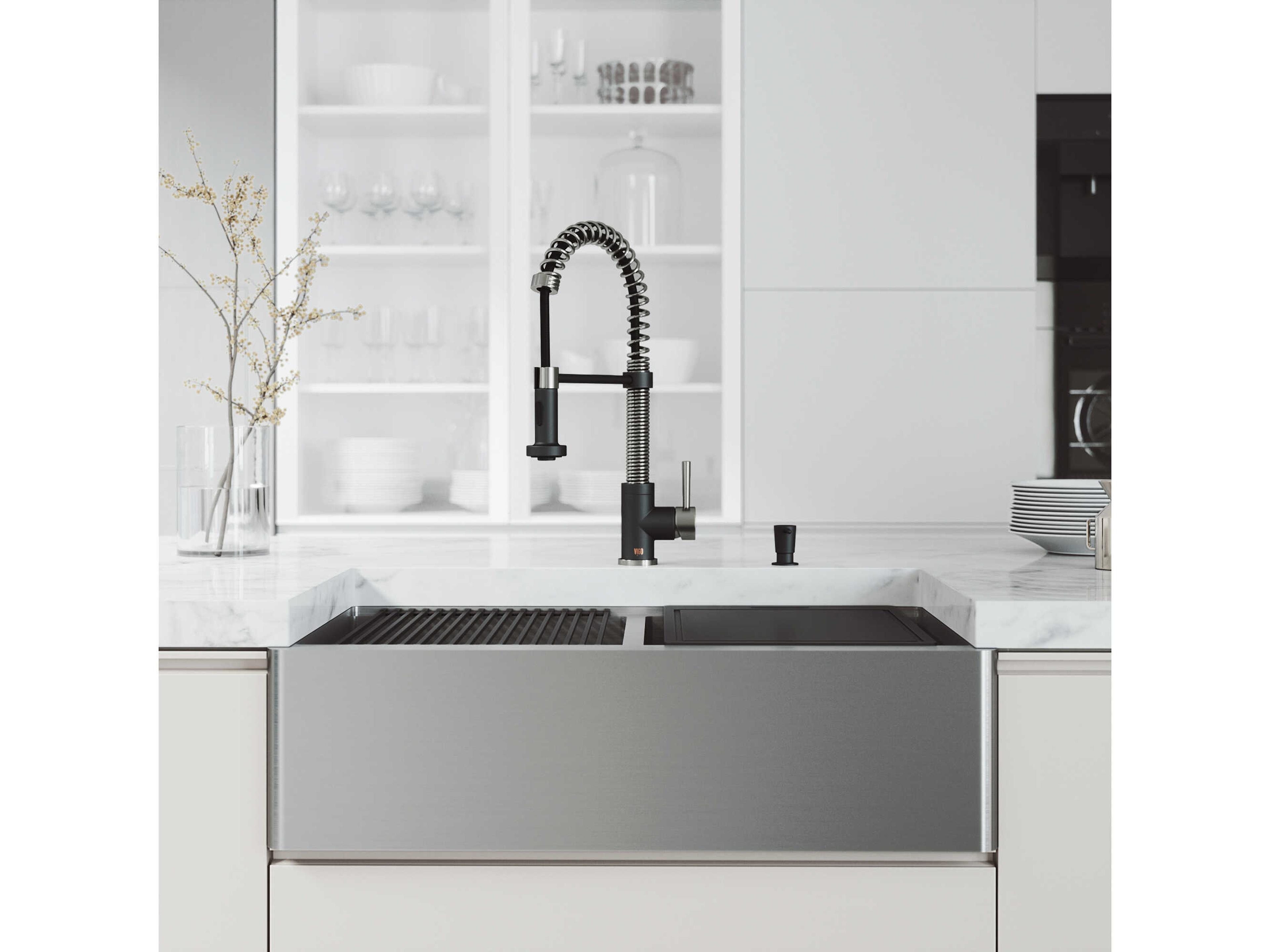 Vigo Oxford Stainless Steel 33" Rectangular Double-Bowl Undermount Flat-Front Farmhouse Kitchen Sink with Matte Black Pull-Down Sprayer Edison Faucet and Soap Dispenser