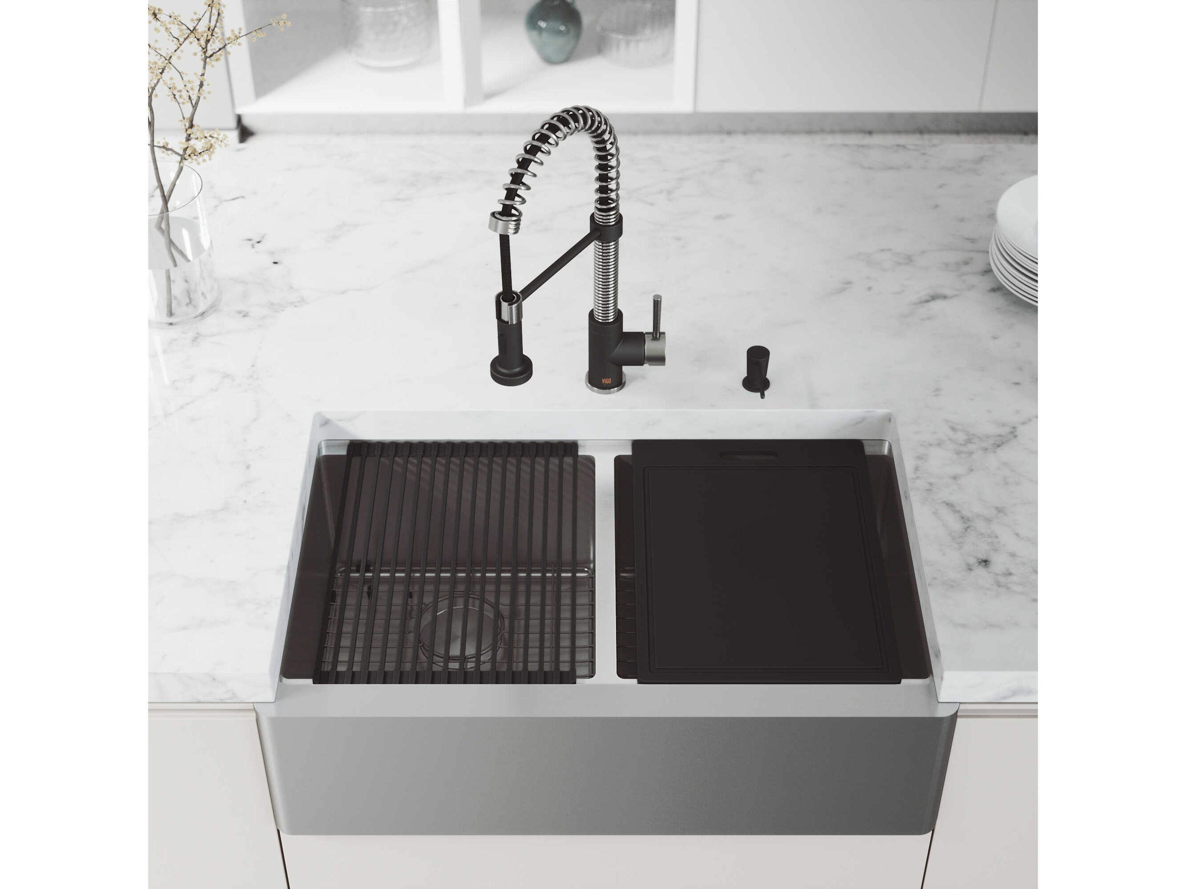 Vigo Oxford Stainless Steel 33" Rectangular Double-Bowl Undermount Flat-Front Farmhouse Kitchen Sink with Matte Black Pull-Down Sprayer Edison Faucet and Soap Dispenser