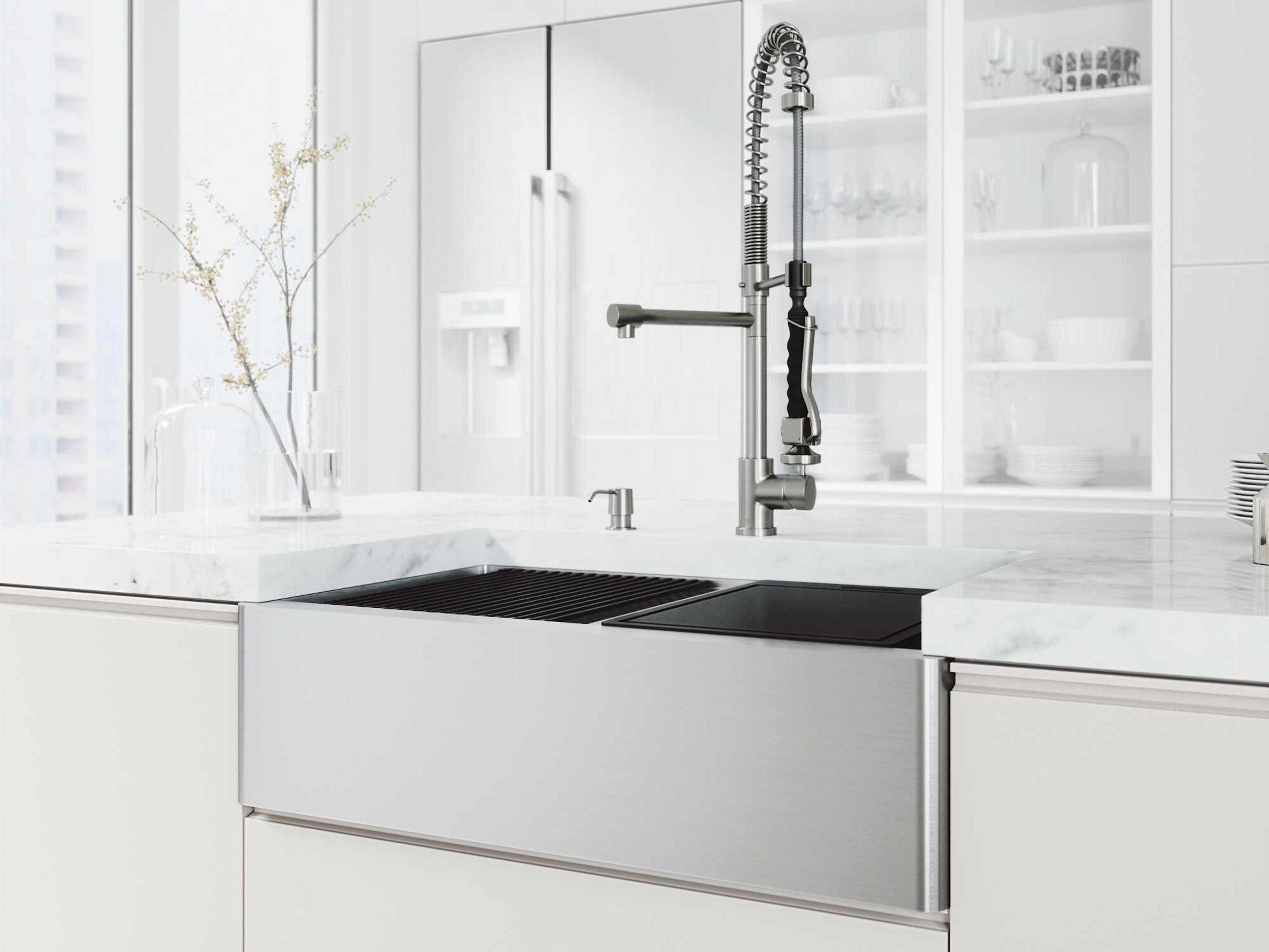 Vigo Oxford Stainless Steel 33" Rectangular Double-Bowl Undermount Flat-Front Farmhouse Kitchen Sink with Pull-Down Sprayer Zurich Faucet and Soap Dispenser