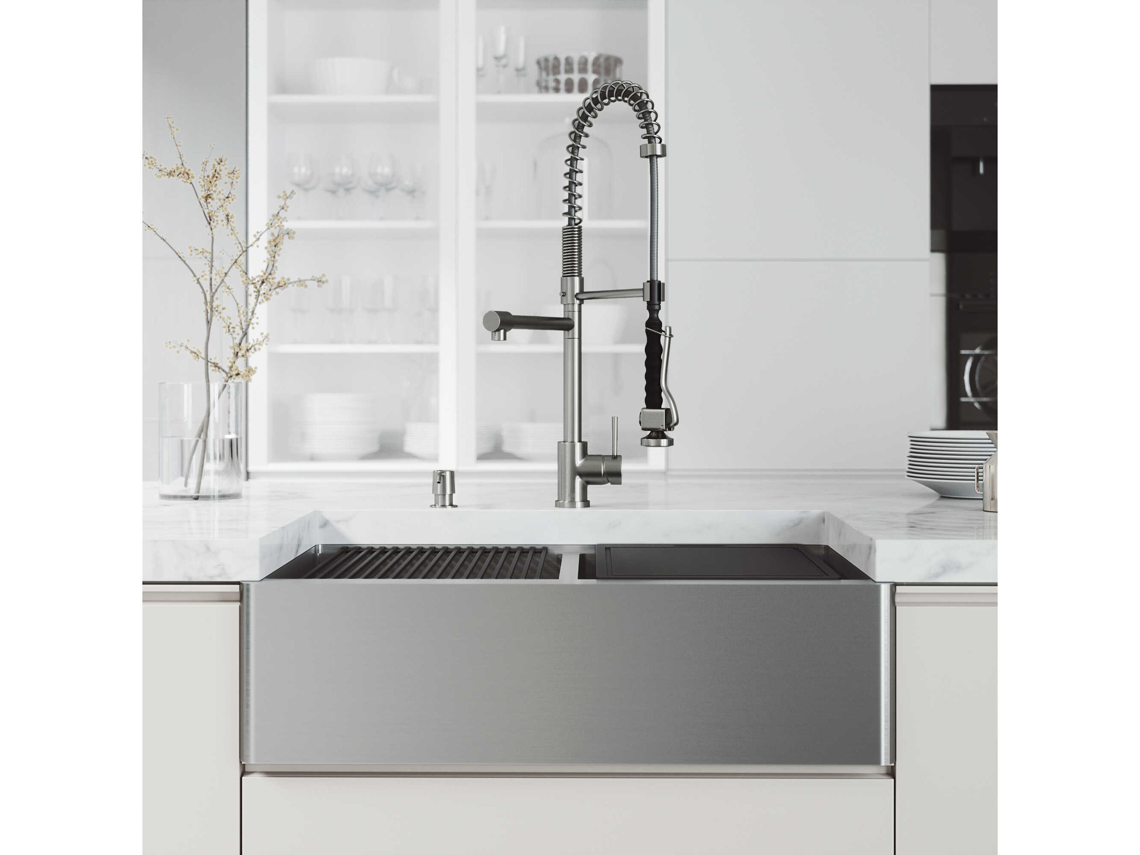 Vigo Oxford Stainless Steel 33" Rectangular Double-Bowl Undermount Flat-Front Farmhouse Kitchen Sink with Pull-Down Sprayer Zurich Faucet and Soap Dispenser