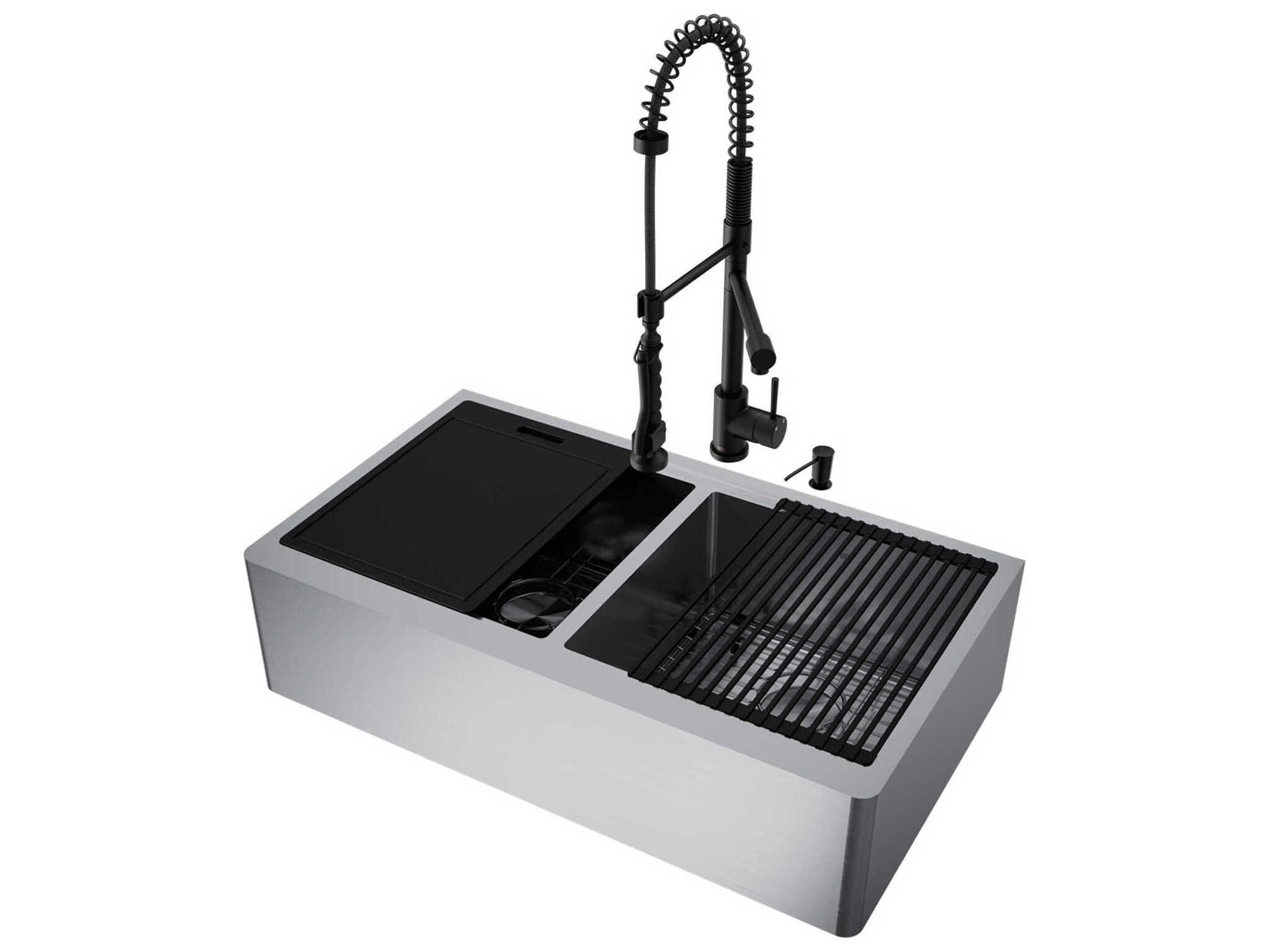 Oxford Stainless Steel 36" Rectangular Double-Bowl Undermount Flat-Front Farmhouse Kitchen Sink with Matte Black Pull-Down Sprayer Zurich Faucet and Soap Dispenser