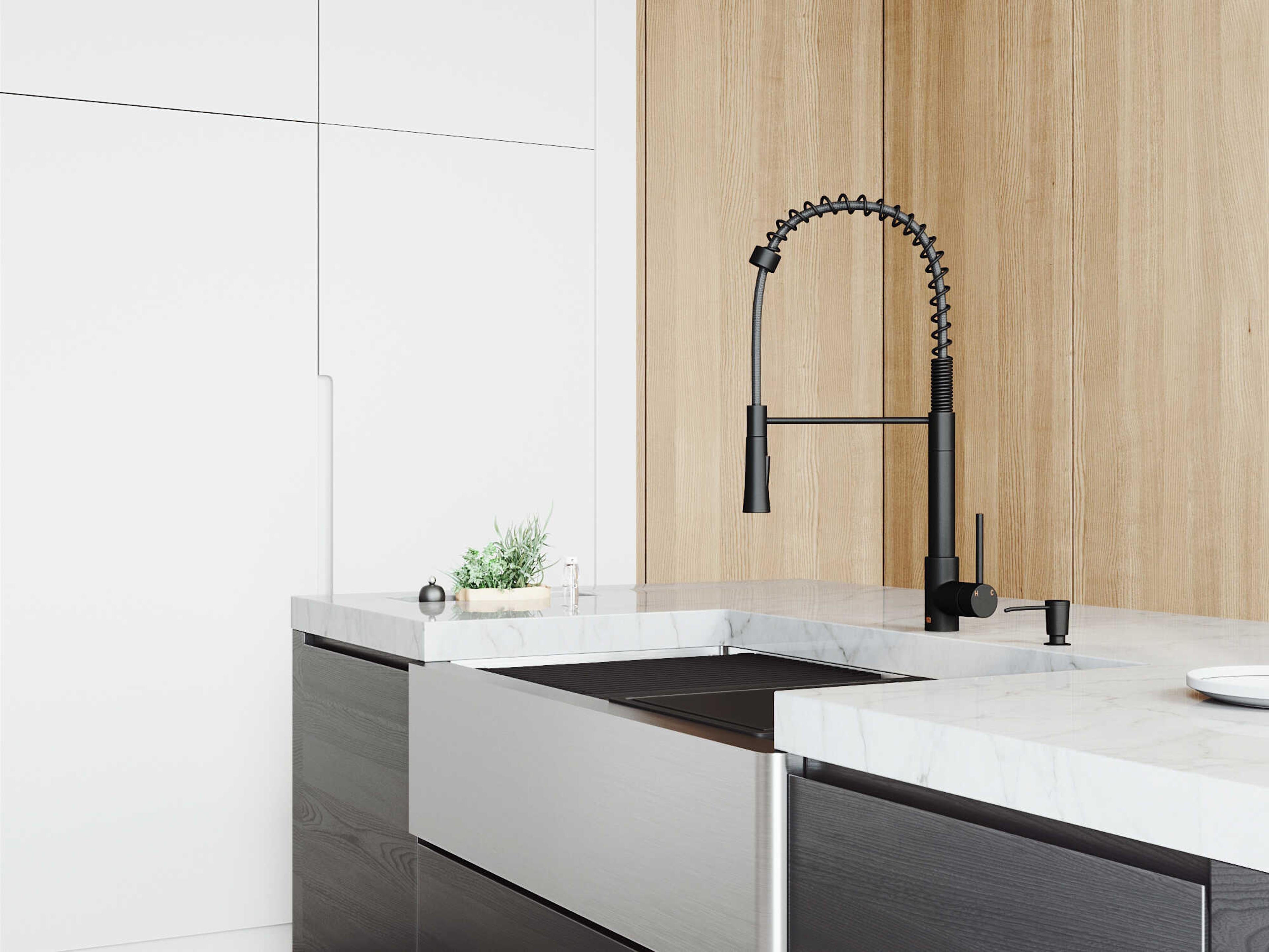 Vigo Oxford Stainless Steel 36" Rectangular Double-Bowl Undermount Flat-Front Farmhouse Kitchen Sink with Matte Black Pull-Down Sprayer Laurelton Faucet, Soap Dispenser and Grid