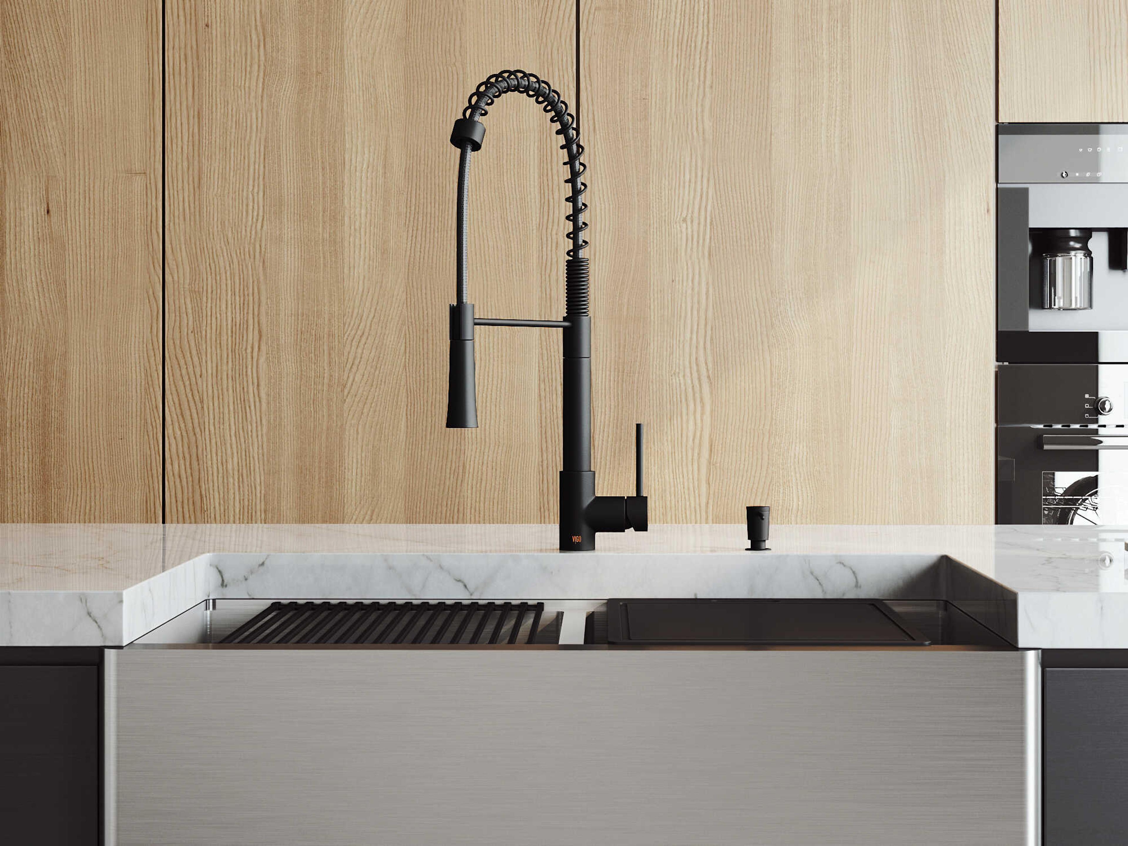 Vigo Oxford Stainless Steel 36" Rectangular Double-Bowl Undermount Flat-Front Farmhouse Kitchen Sink with Matte Black Pull-Down Sprayer Laurelton Faucet, Soap Dispenser and Grid
