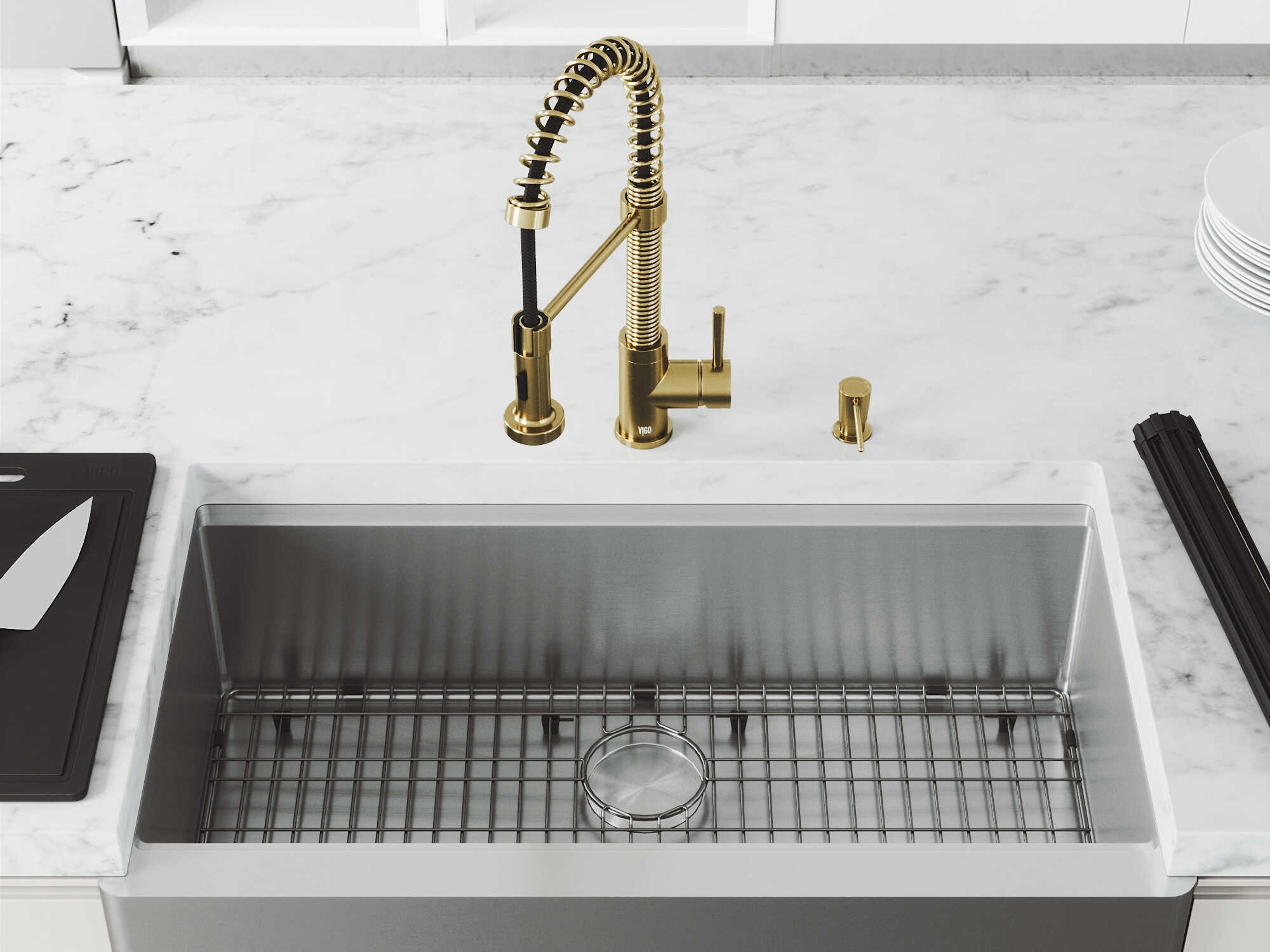 Vigo Oxford Stainless Steel 36" Rectangular Single-Bowl Undermount Flat-Front Farmhouse Kitchen Sink with Matte Gold Pull-Down Sprayer Edison Faucet, Soap Dispenser and Grid