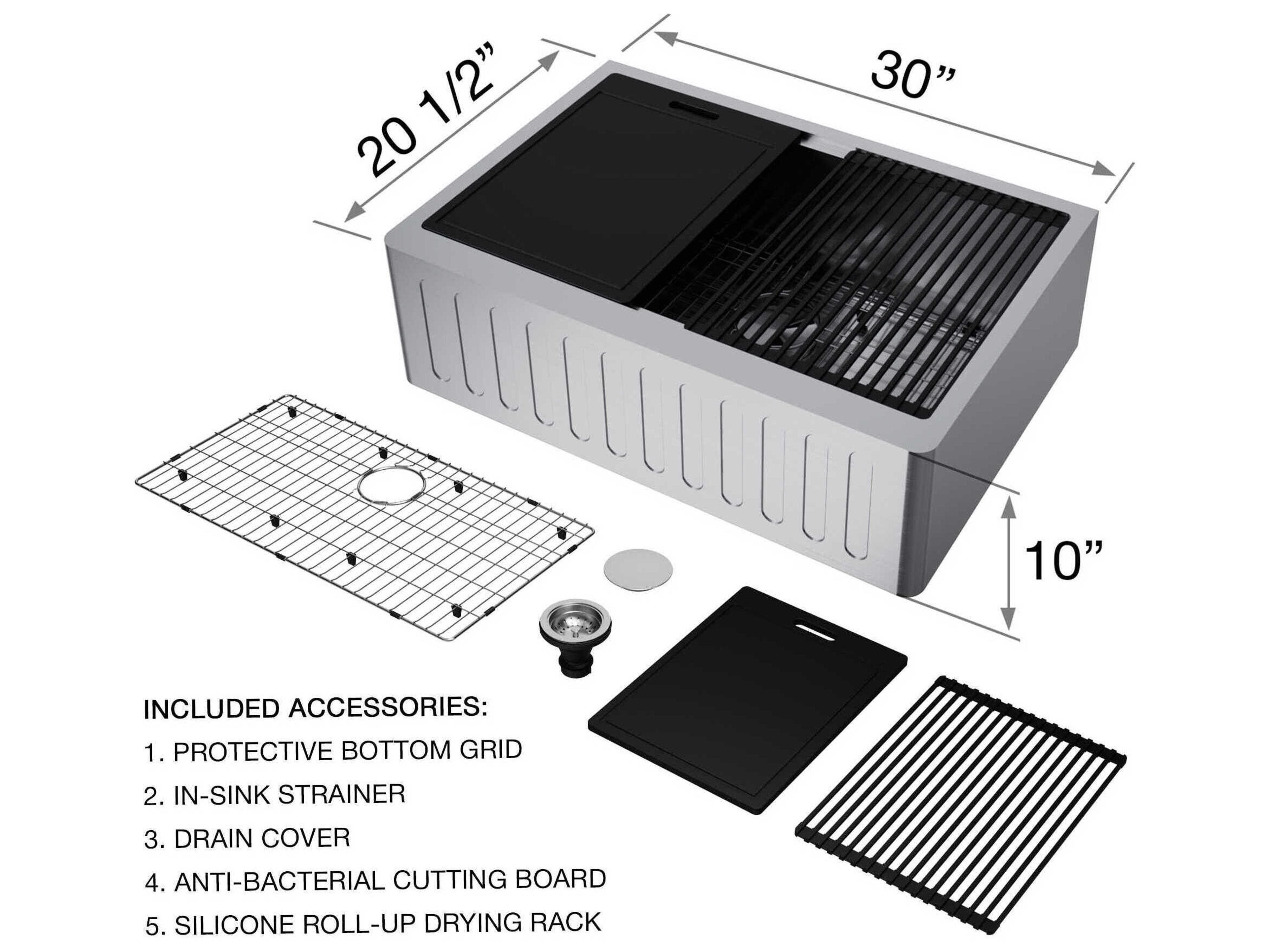 Vigo Oxford Stainless Steel 30" Rectangular Single-Bowl Undermount Slotted-Front Farmhouse Kitchen Sink with Matte Gold Pull-Down Sprayer Brant Faucet, Soap Dispenser and Grid