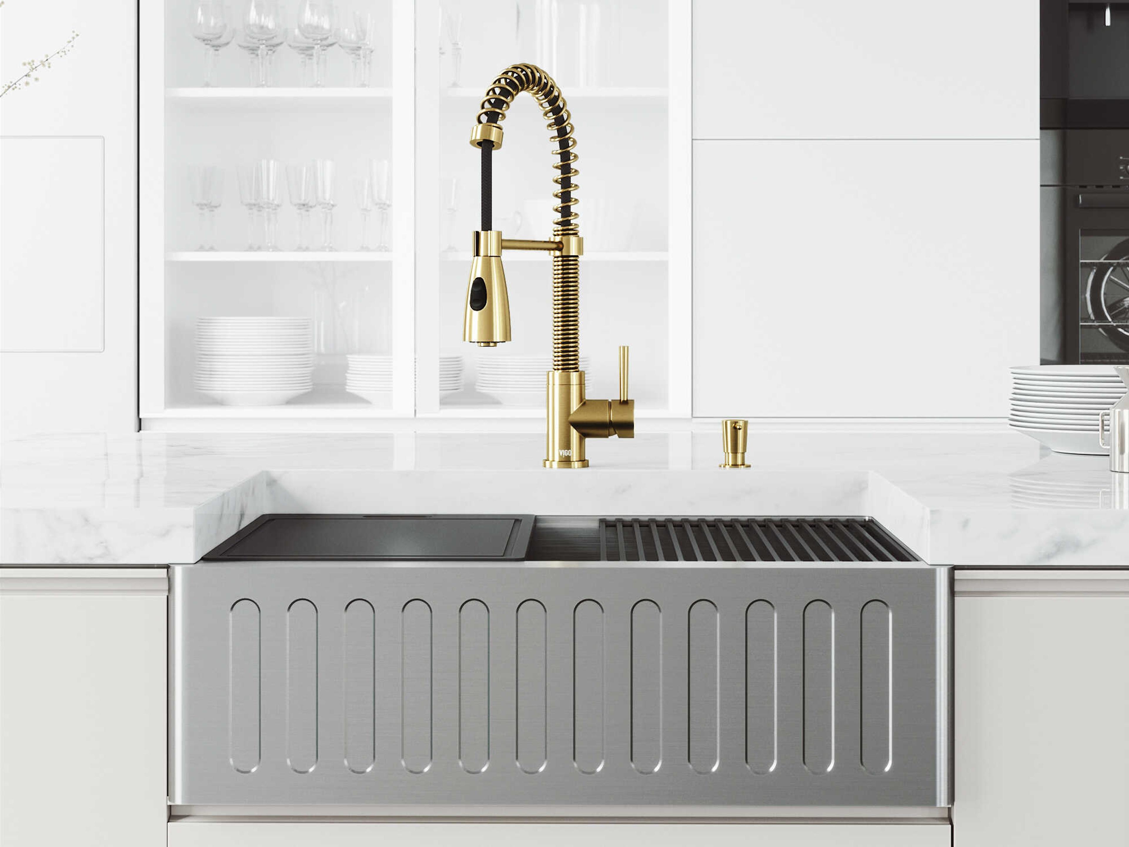 Vigo Oxford Stainless Steel 30" Rectangular Single-Bowl Undermount Slotted-Front Farmhouse Kitchen Sink with Matte Gold Pull-Down Sprayer Brant Faucet, Soap Dispenser and Grid