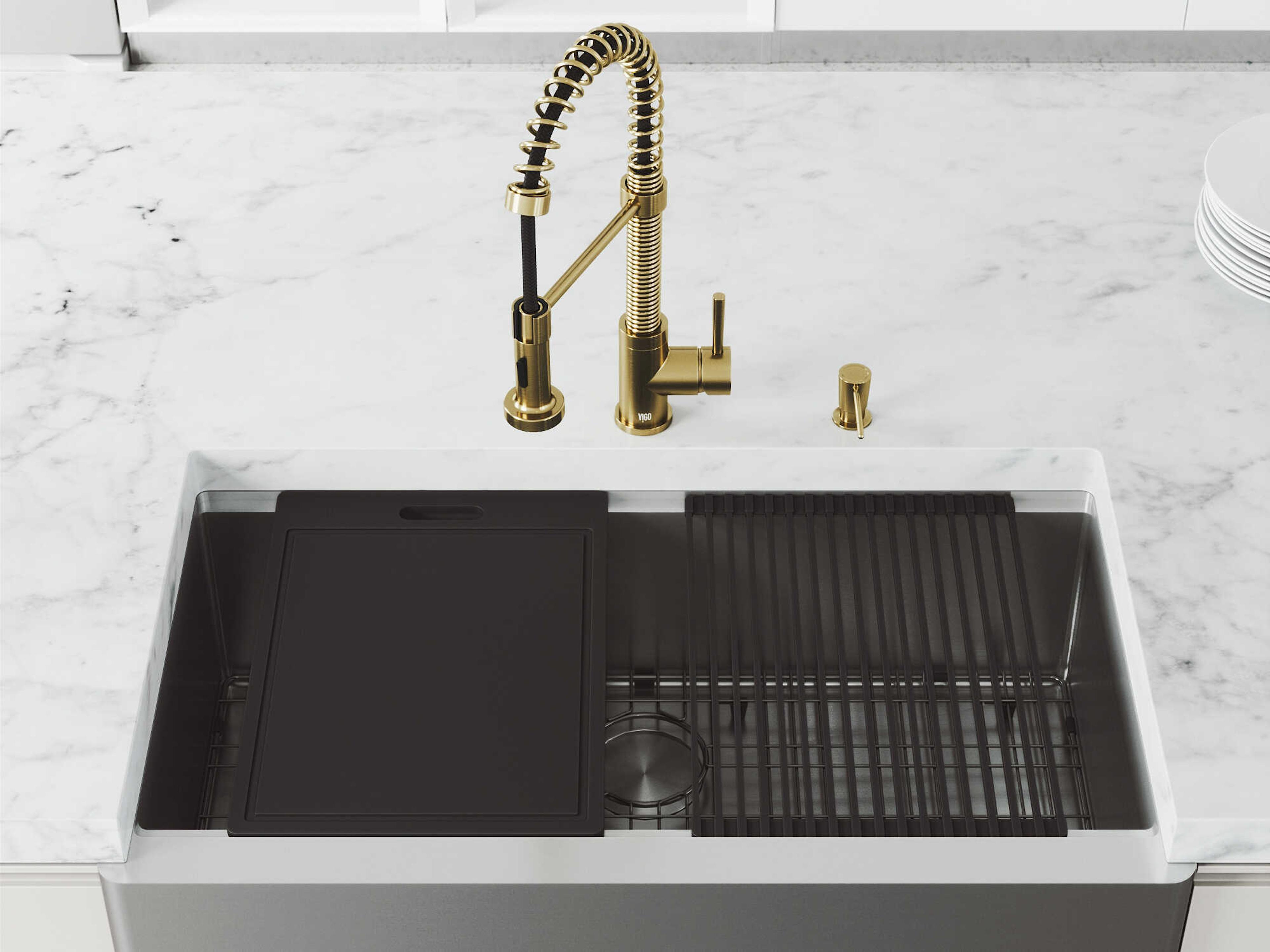 Vigo Oxford Stainless Steel 30" Rectangular Single-Bowl Undermount Slotted-Front Farmhouse Kitchen Sink with Matte Gold Pull-Down Sprayer Brant Faucet, Soap Dispenser and Grid