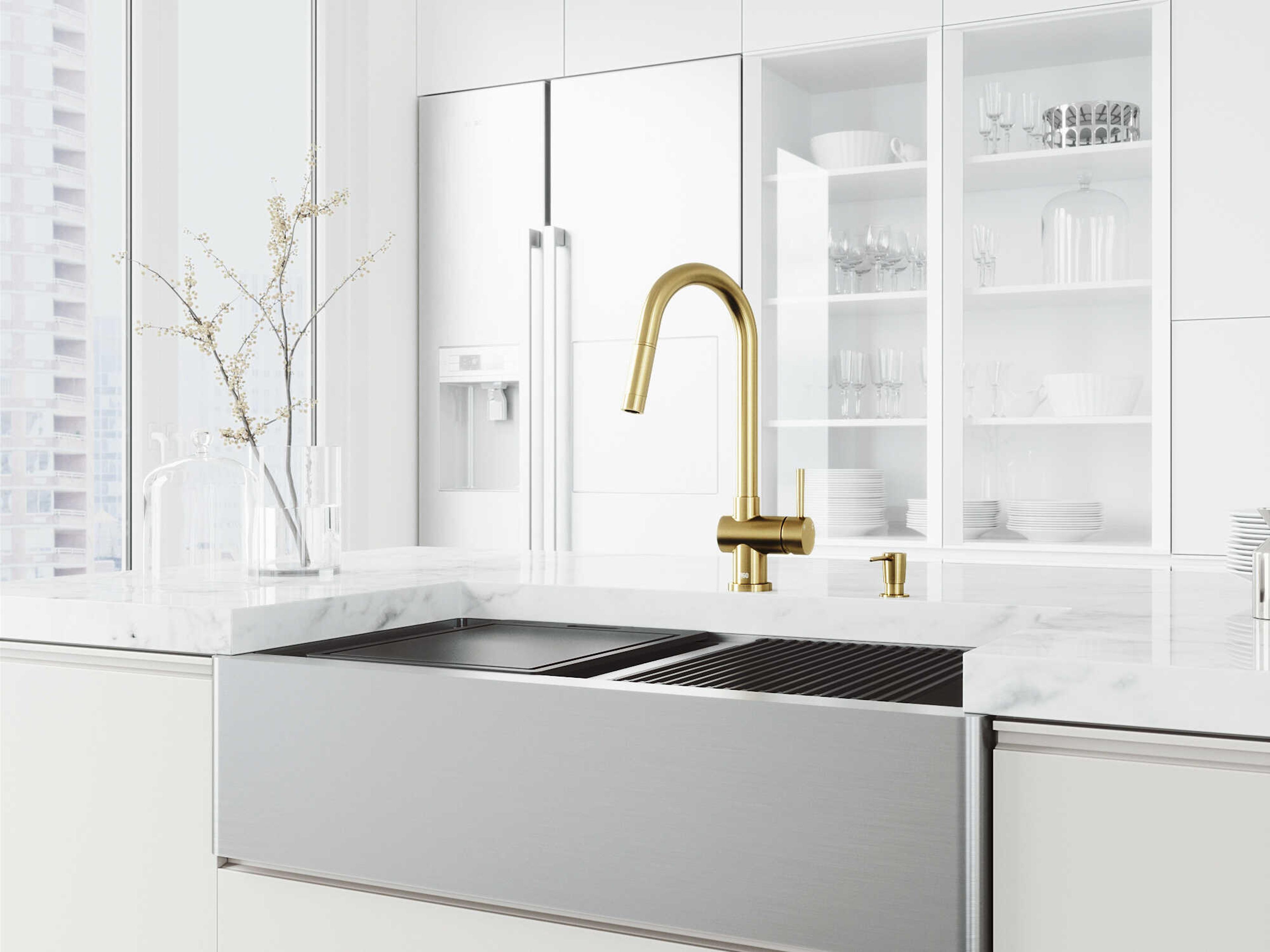 Vigo Oxford Stainless Steel 36" Rectangular Double-Bowl Undermount Flat-Front Farmhouse Kitchen Sink with Matte Gold Pull-Down Sprayer Gramercy Faucet, Soap Dispenser and Grids