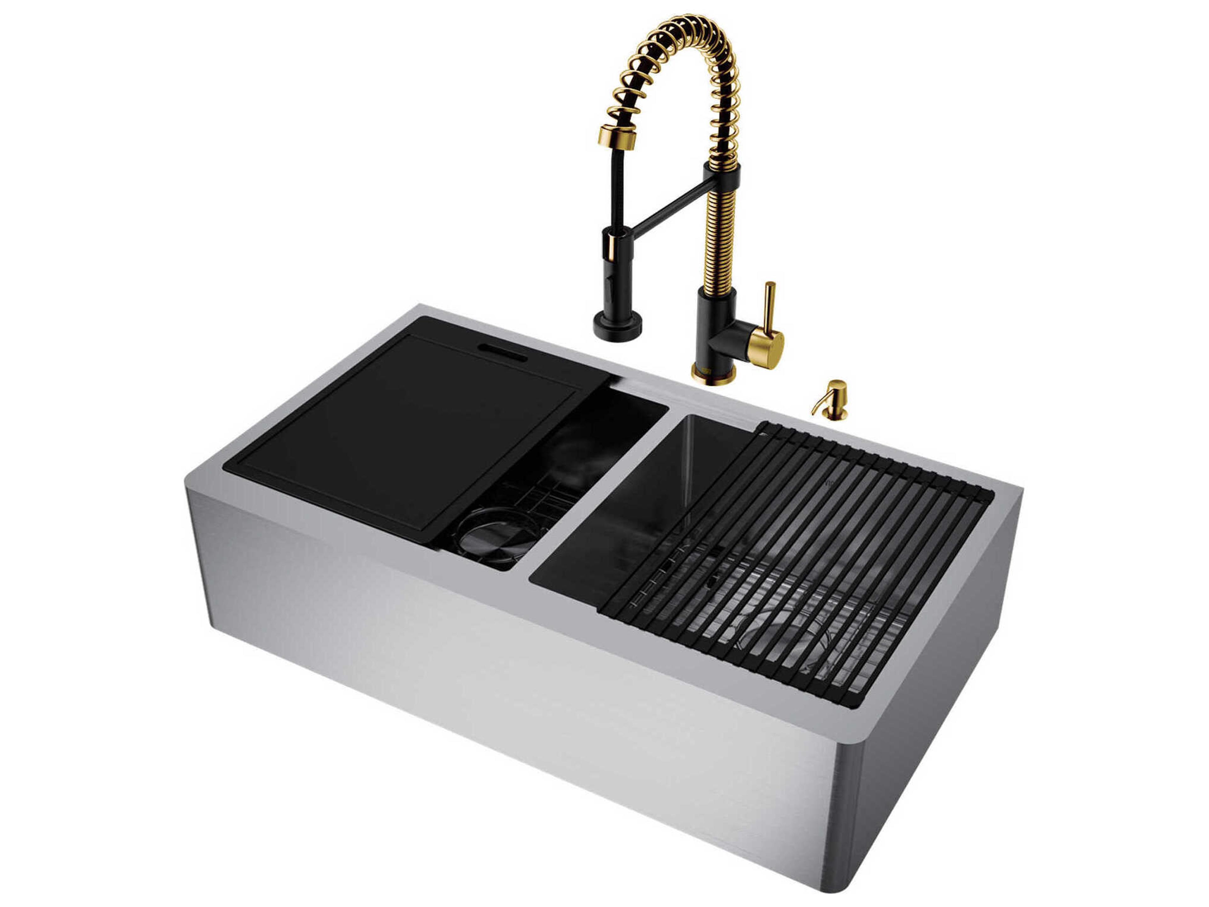 Oxford Stainless Steel 36" Rectangular Double-Bowl Farmhouse Kitchen Sink with Matte Gold / Matte Black Faucet