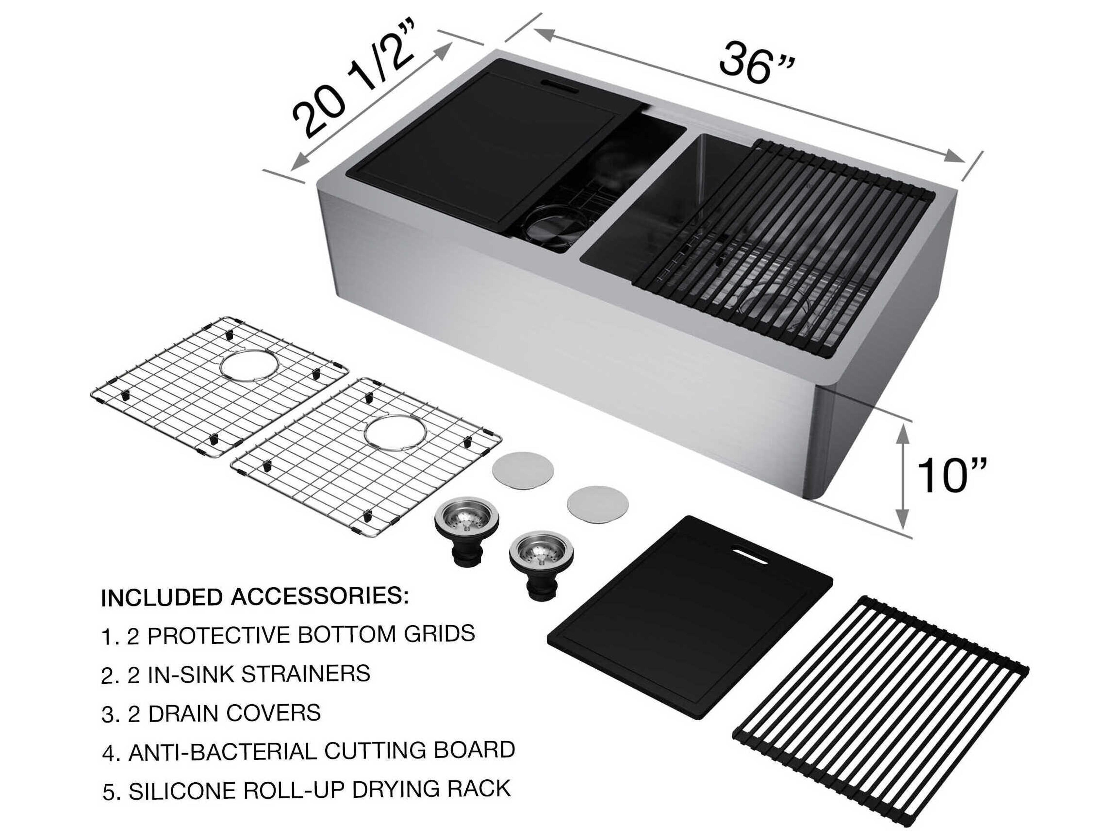 Vigo Oxford Stainless Steel 36" Rectangular Double-Bowl Farmhouse Kitchen Sink with Matte Gold / Matte Black Faucet