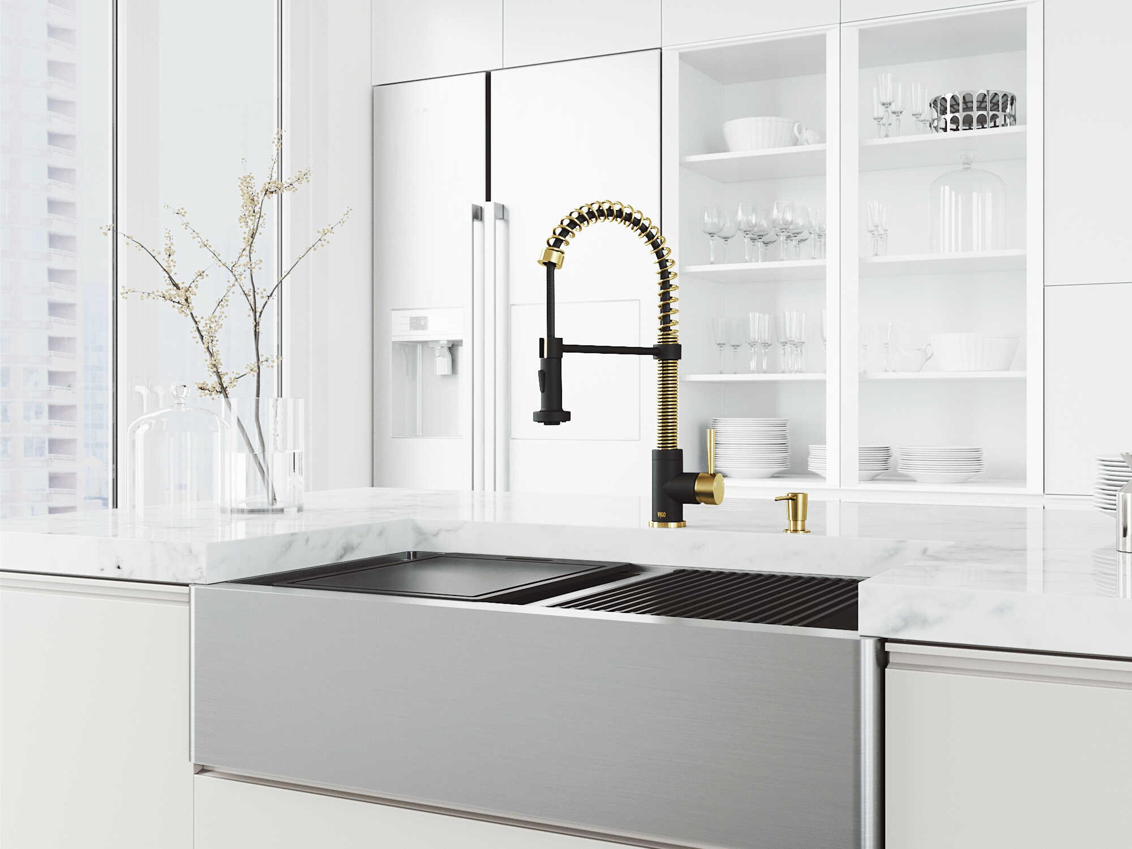 Vigo Oxford Stainless Steel 36" Rectangular Double-Bowl Farmhouse Kitchen Sink with Matte Gold / Matte Black Faucet
