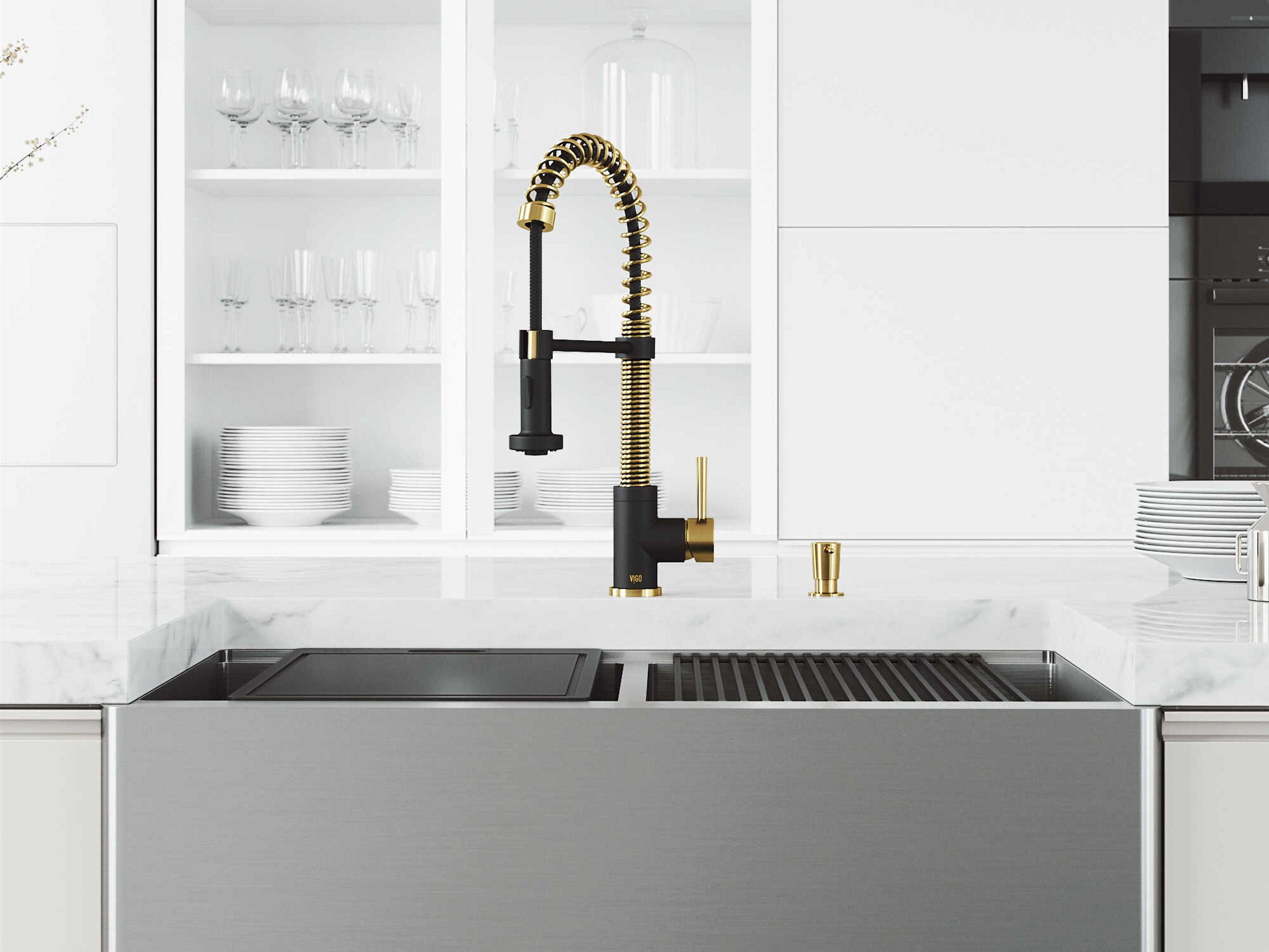 Vigo Oxford Stainless Steel 36" Rectangular Double-Bowl Farmhouse Kitchen Sink with Matte Gold / Matte Black Faucet