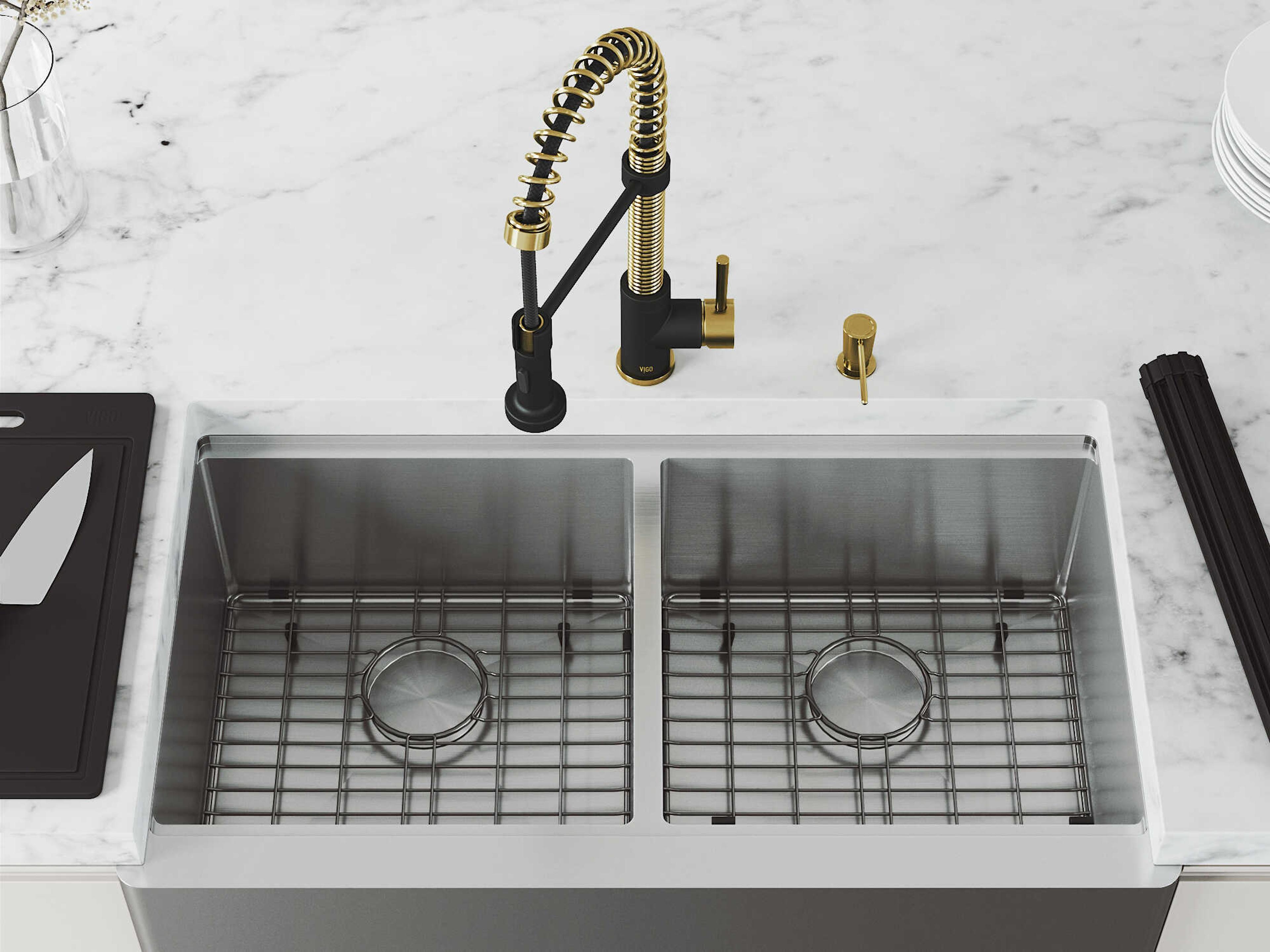 Vigo Oxford Stainless Steel 36" Rectangular Double-Bowl Farmhouse Kitchen Sink with Matte Gold / Matte Black Faucet