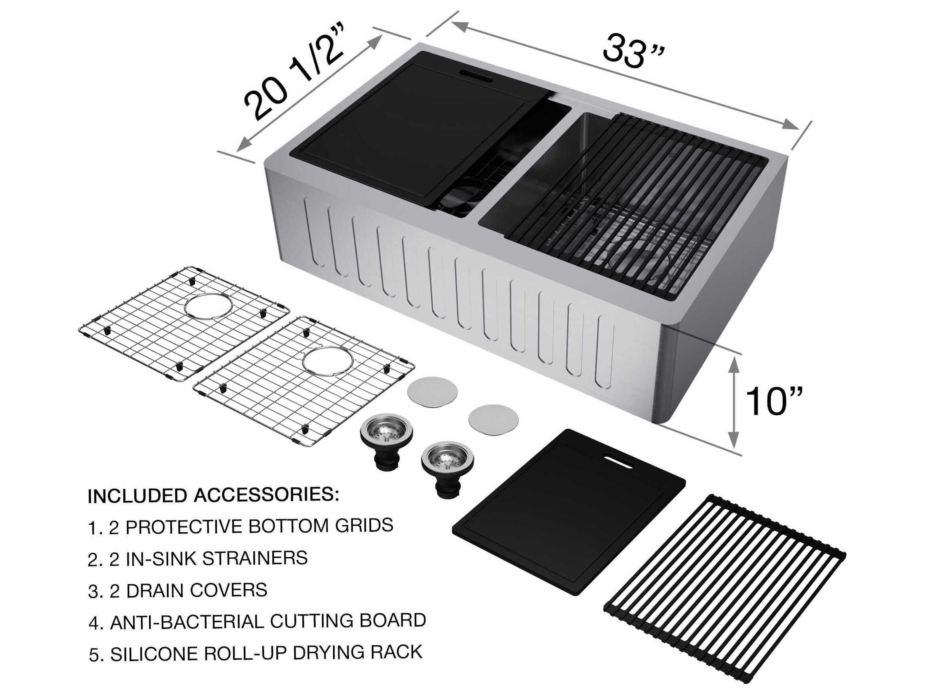 Vigo Oxford Stainless Steel 33" Rectangular Double-Bowl Farmhouse Kitchen Sink with Matte Gold / Matte Black Faucet