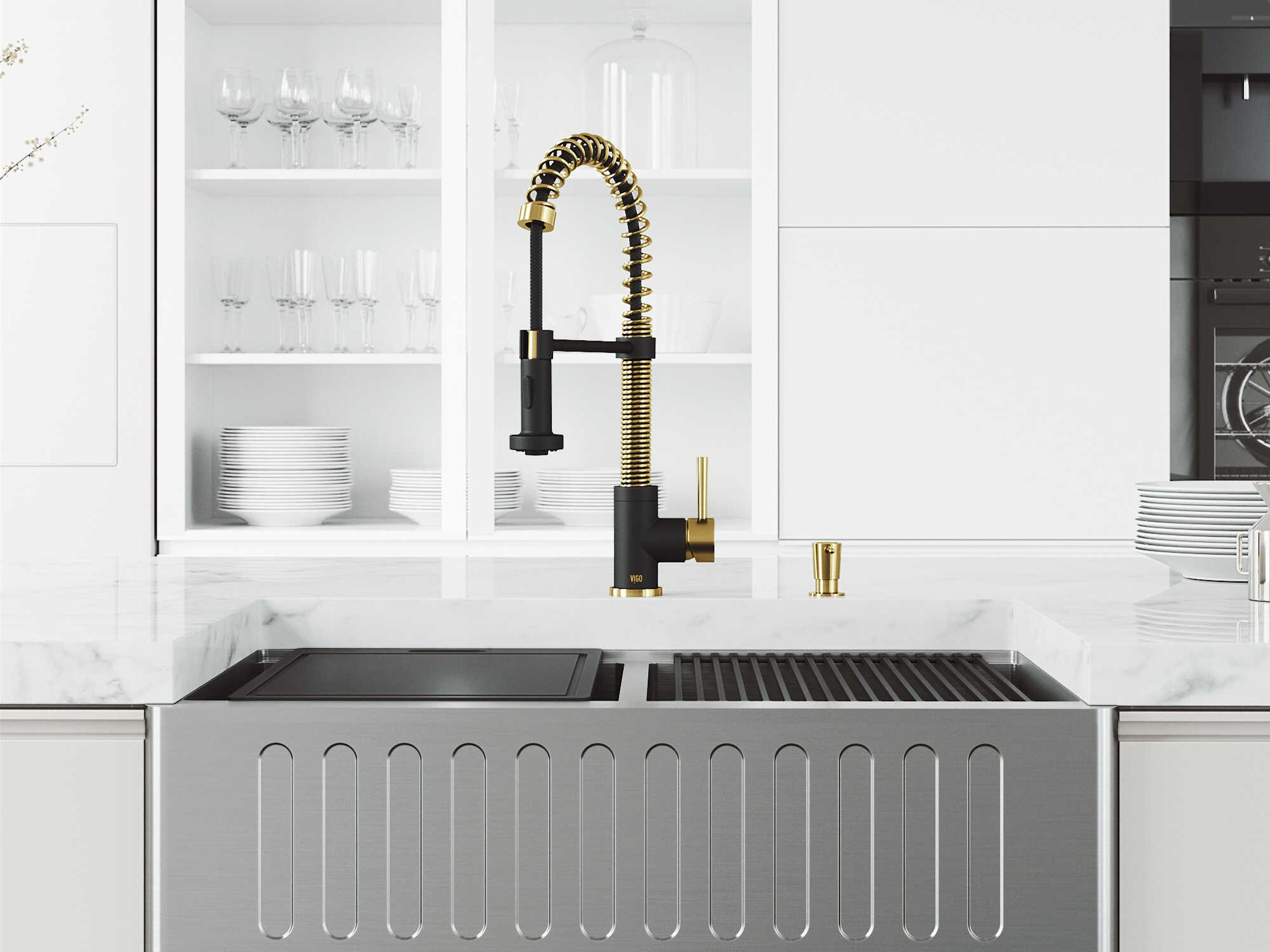 Vigo Oxford Stainless Steel 33" Rectangular Double-Bowl Farmhouse Kitchen Sink with Matte Gold / Matte Black Faucet
