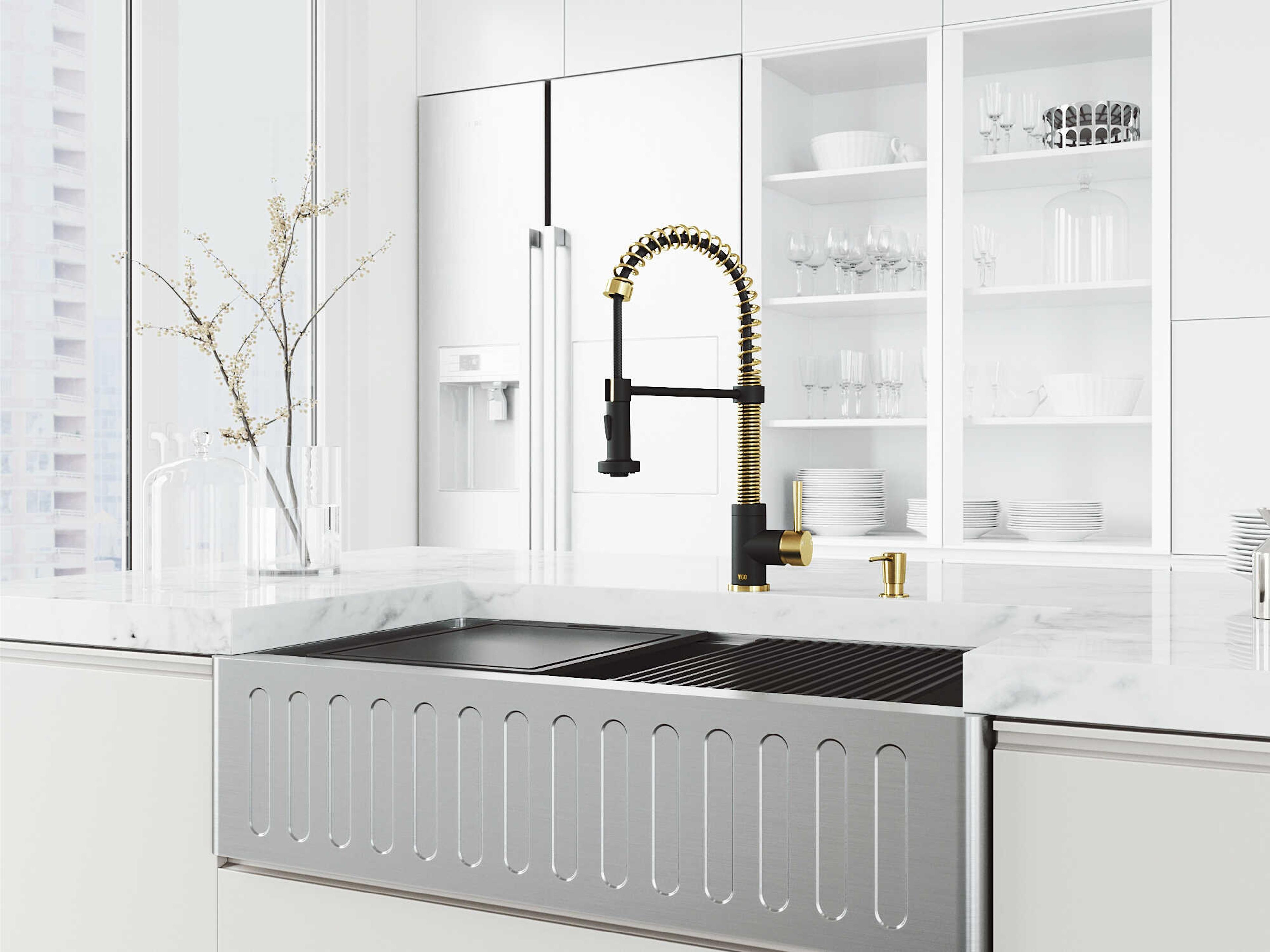 Vigo Oxford Stainless Steel 36" Rectangular Slotted-Front Farmhouse Kitchen Sink with Matte Gold / Matte Black Faucet