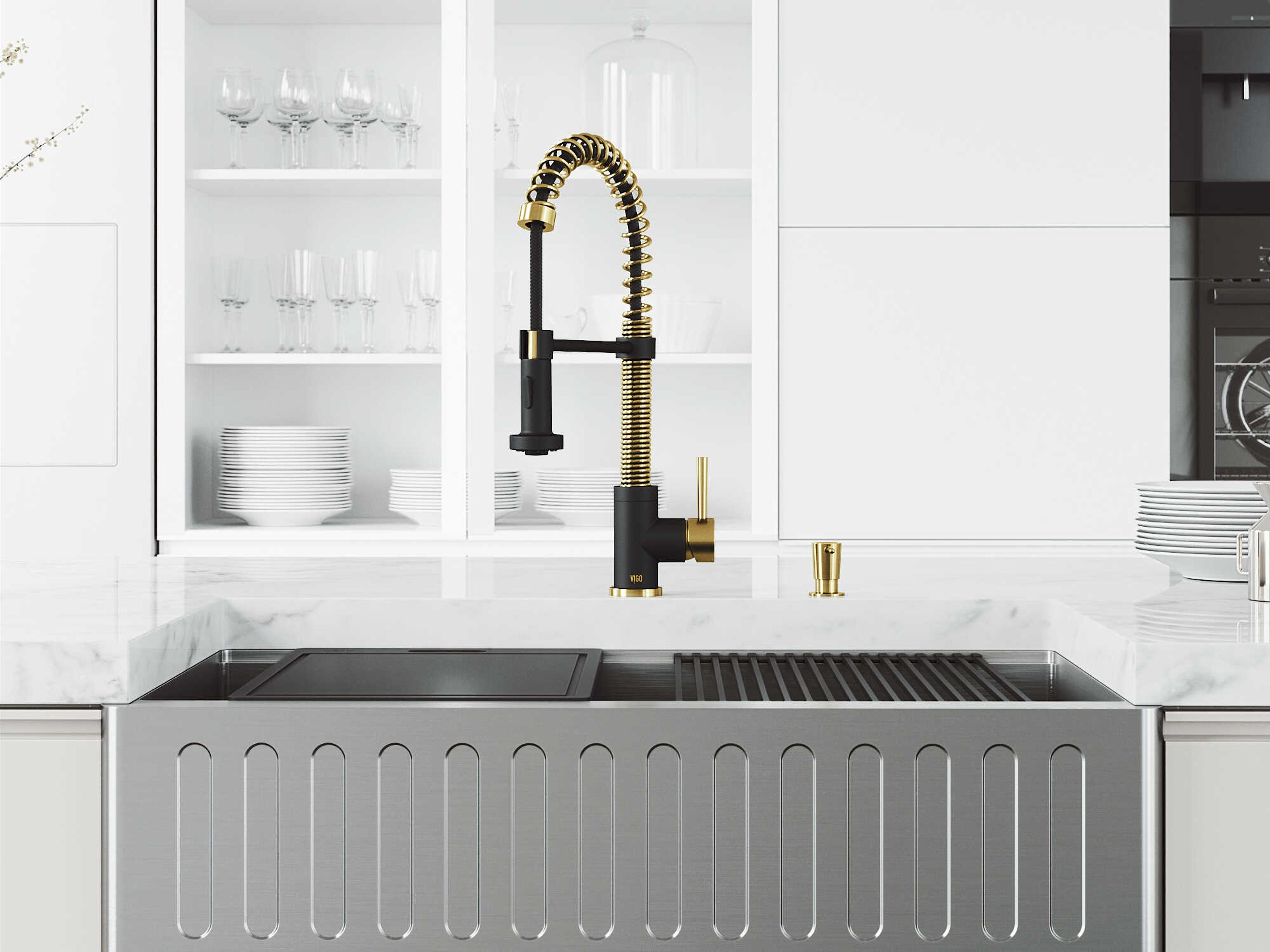 Vigo Oxford Stainless Steel 36" Rectangular Slotted-Front Farmhouse Kitchen Sink with Matte Gold / Matte Black Faucet