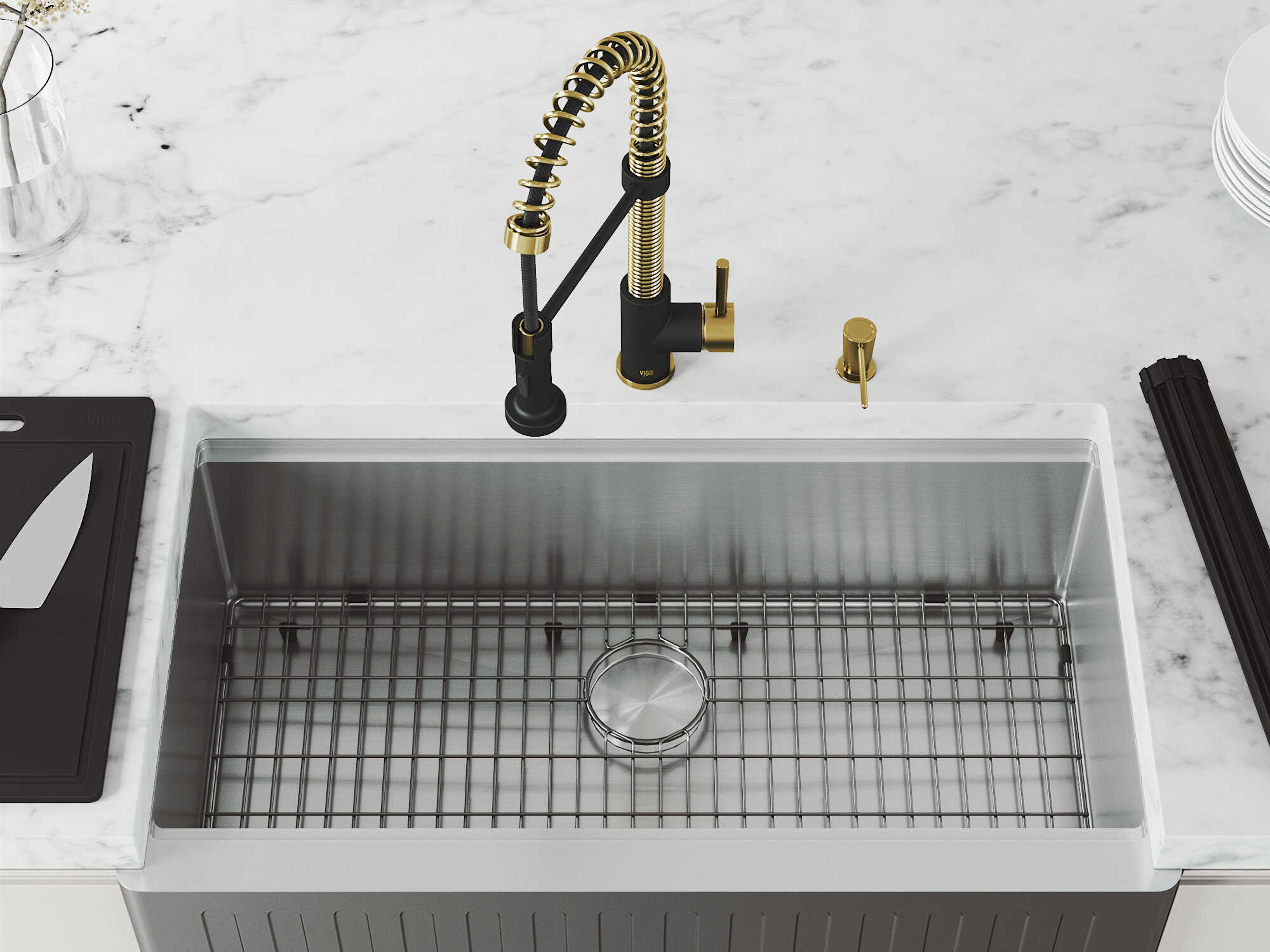Vigo Oxford Stainless Steel 36" Rectangular Slotted-Front Farmhouse Kitchen Sink with Matte Gold / Matte Black Faucet