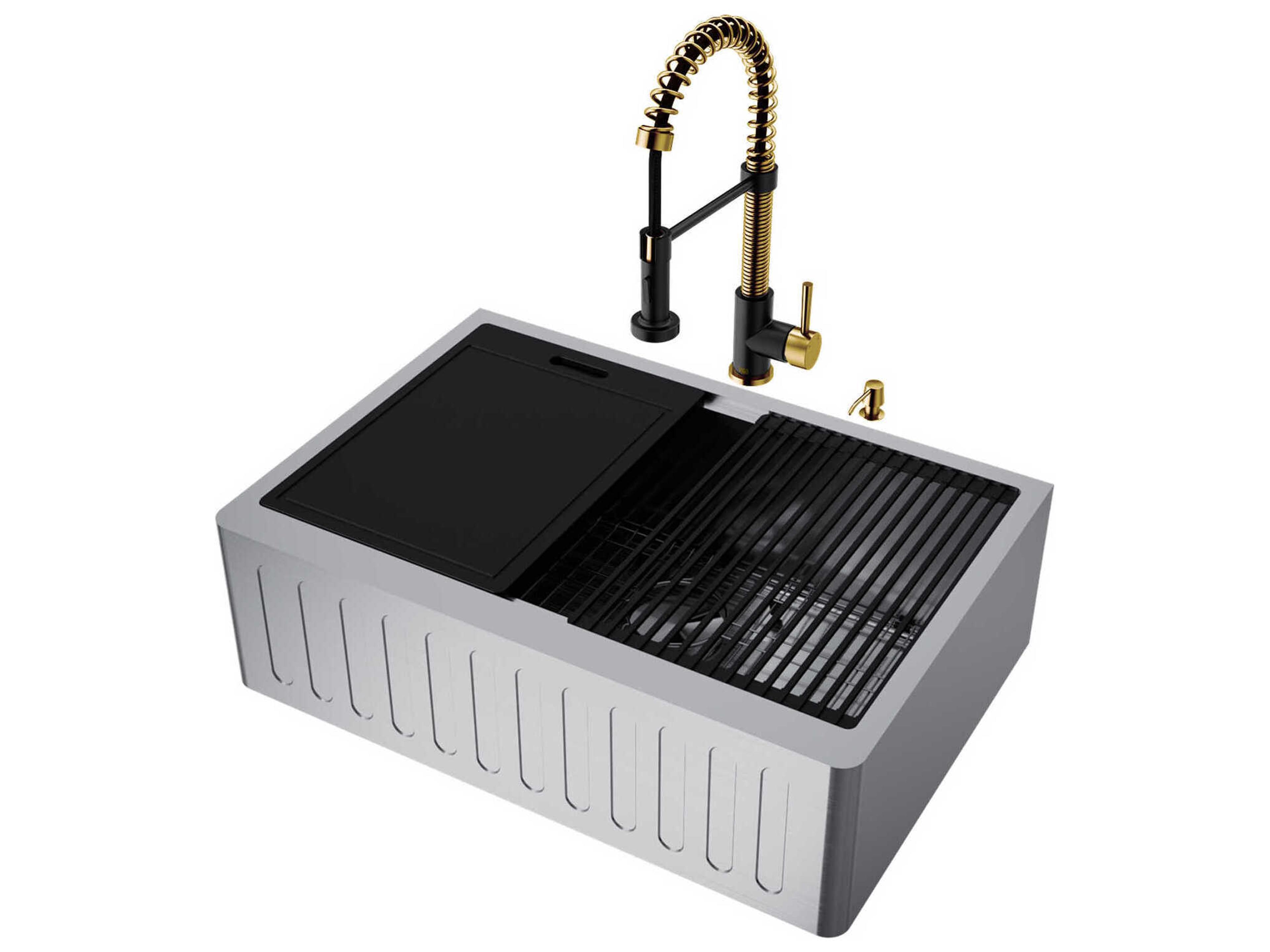 Oxford Stainless Steel 30" Rectangular Single-Bowl Farmhouse Kitchen Sink with Matte Gold / Matte Black Faucet