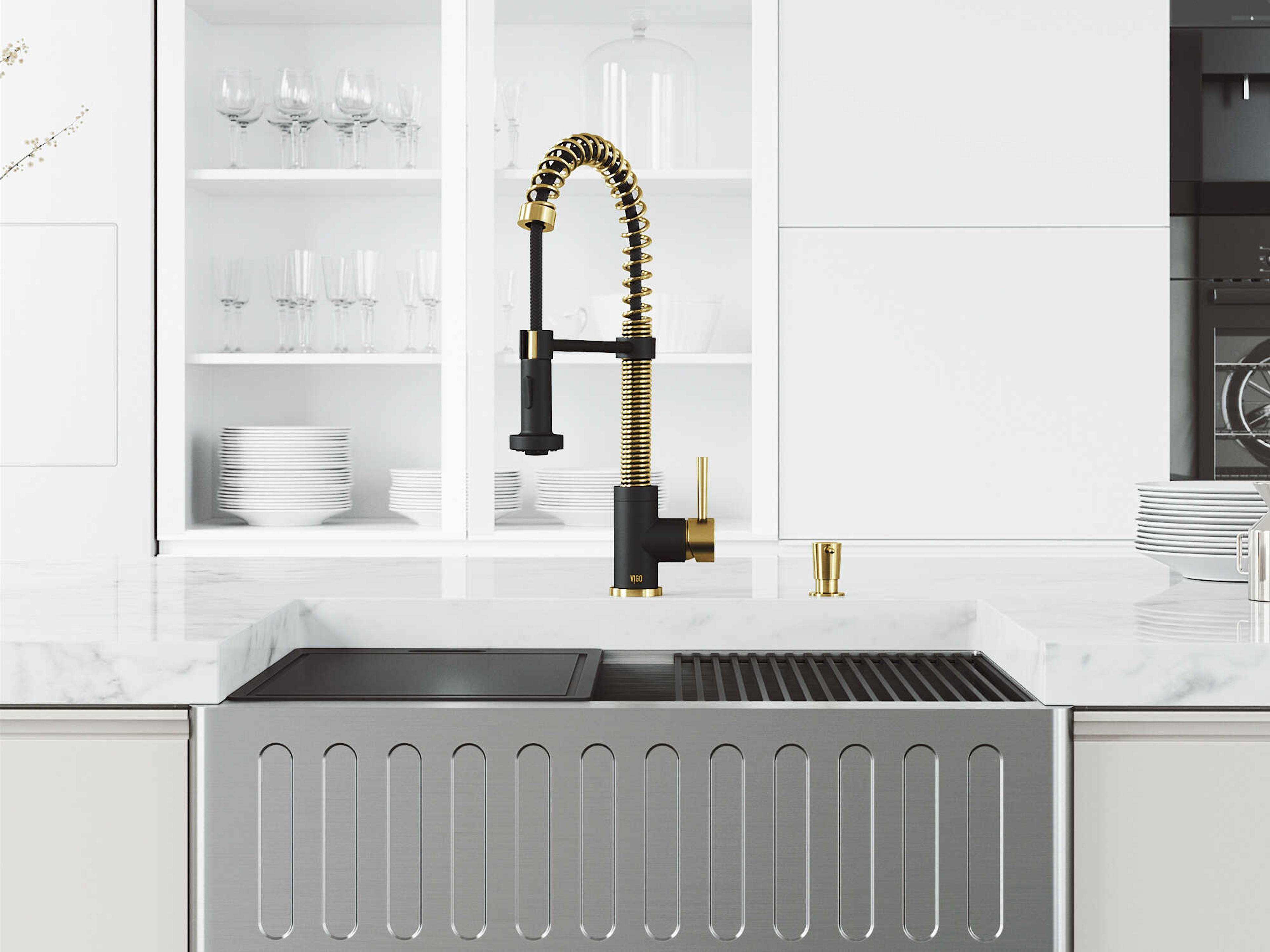 Vigo Oxford Stainless Steel 30" Rectangular Single-Bowl Farmhouse Kitchen Sink with Matte Gold / Matte Black Faucet