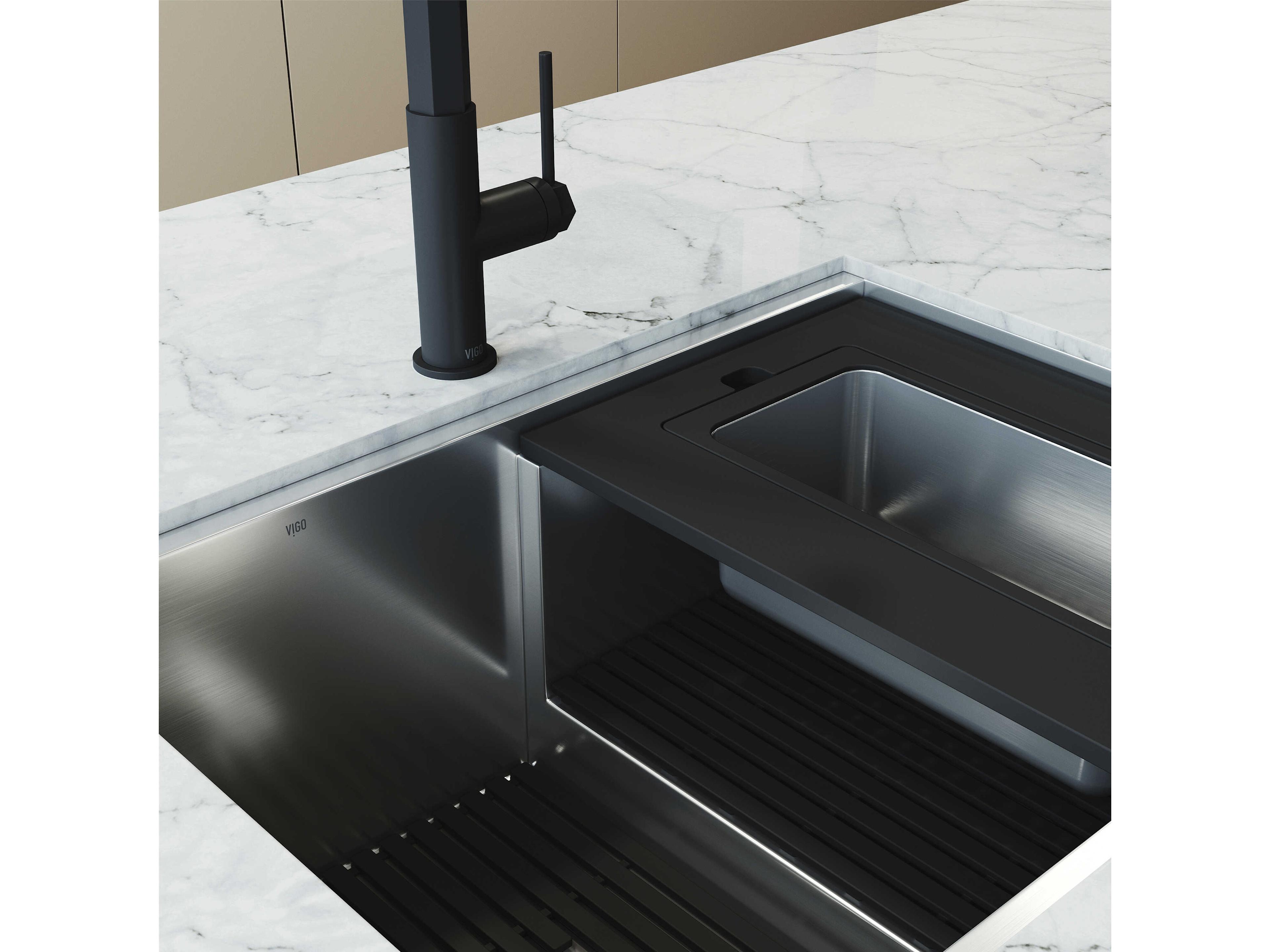 Vigo Hampton Stainless Steel Undermount Workstation Kitchen Sink with Utility Tier Ledge and Accessories