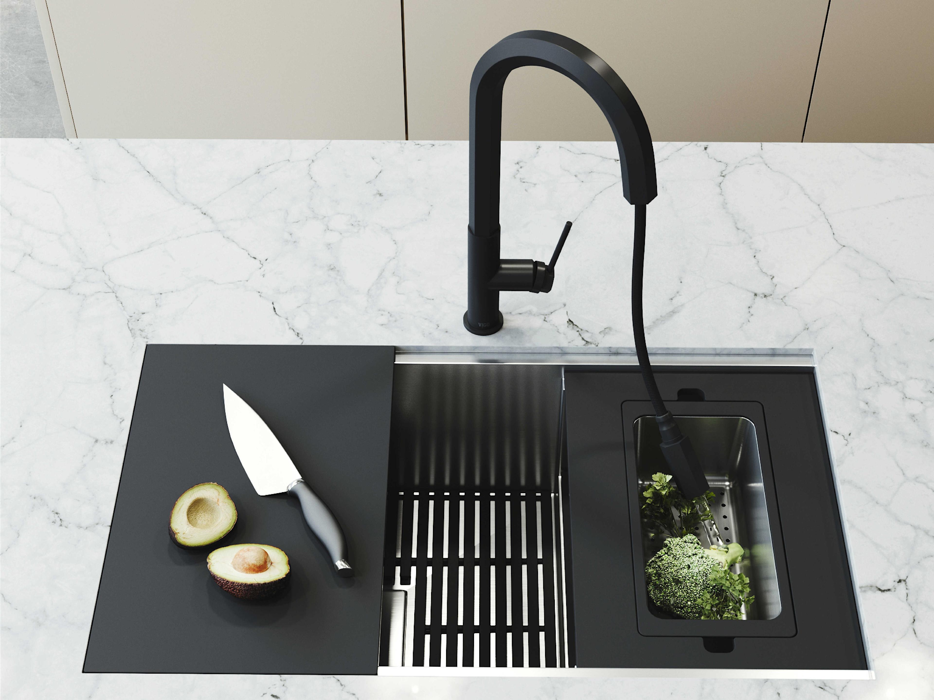 Vigo Hampton Stainless Steel Undermount Workstation Kitchen Sink with Utility Tier Ledge and Accessories