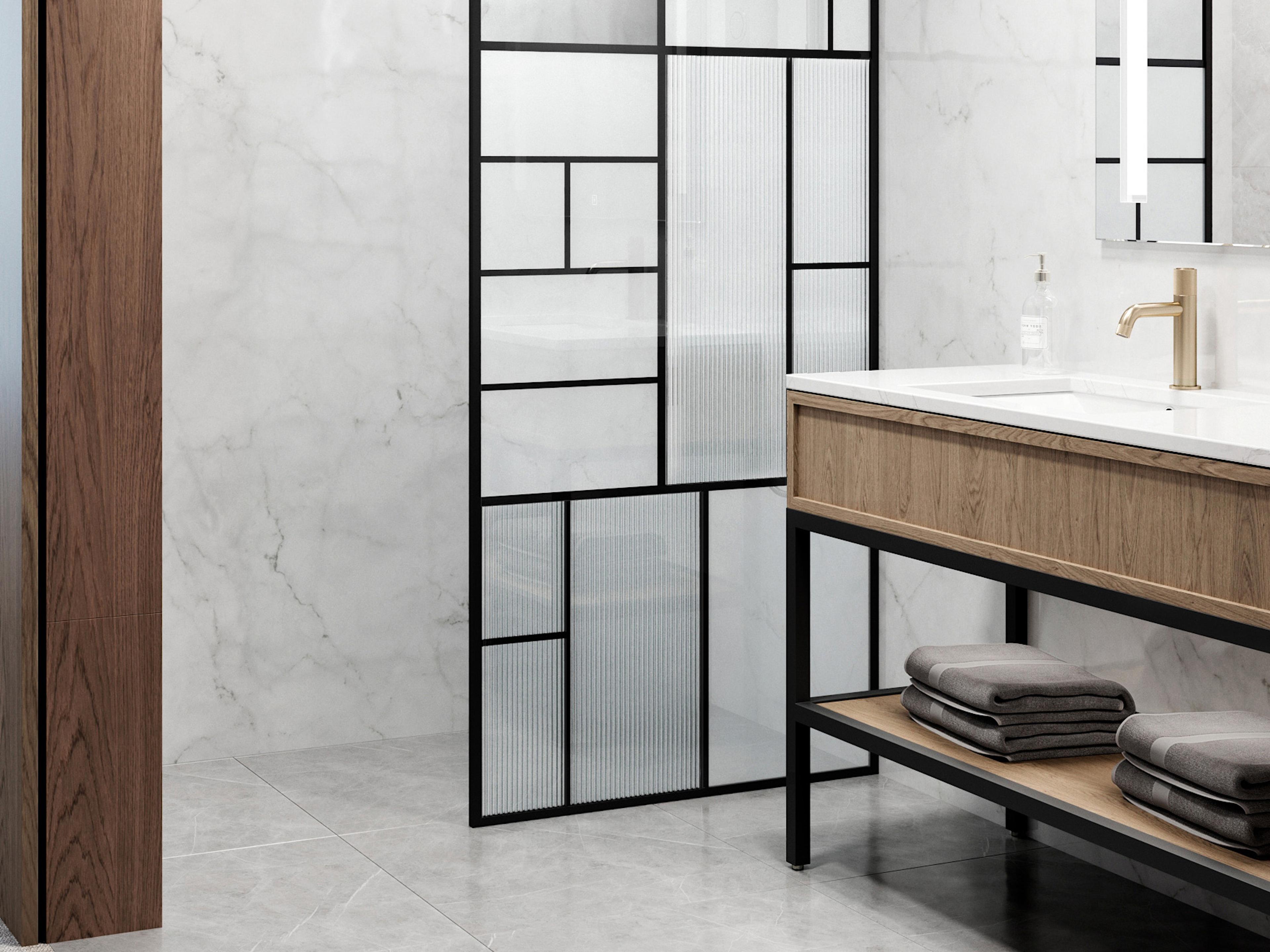 Meridian Lineart  Matte Black with Mixed Clear Grid Shower Door