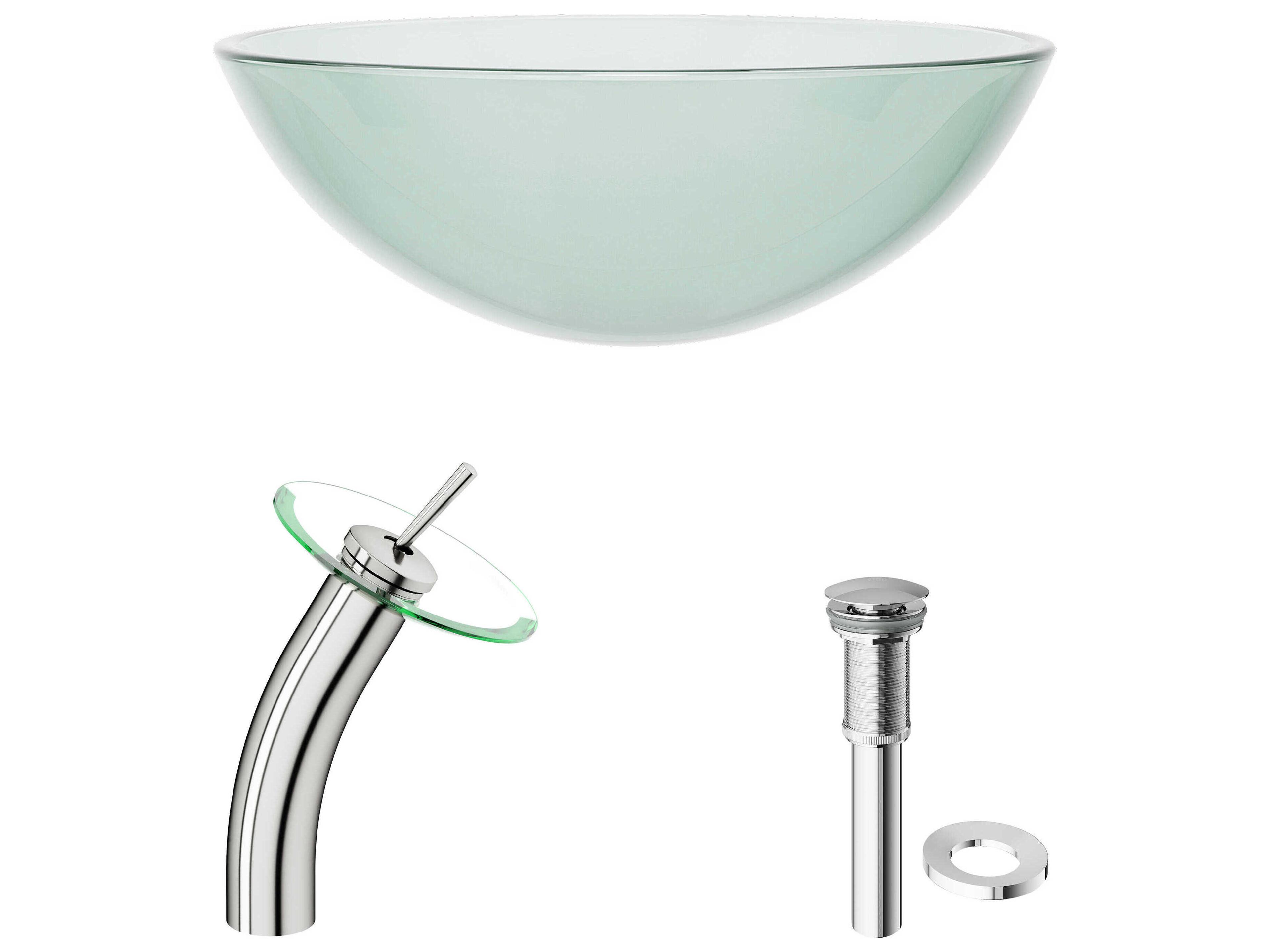 Vigo Crystalline Iridescent 17" Round Vessel Bathroom Sink with Brushed Nickel 1-Lever Waterfall Faucet and Drain
