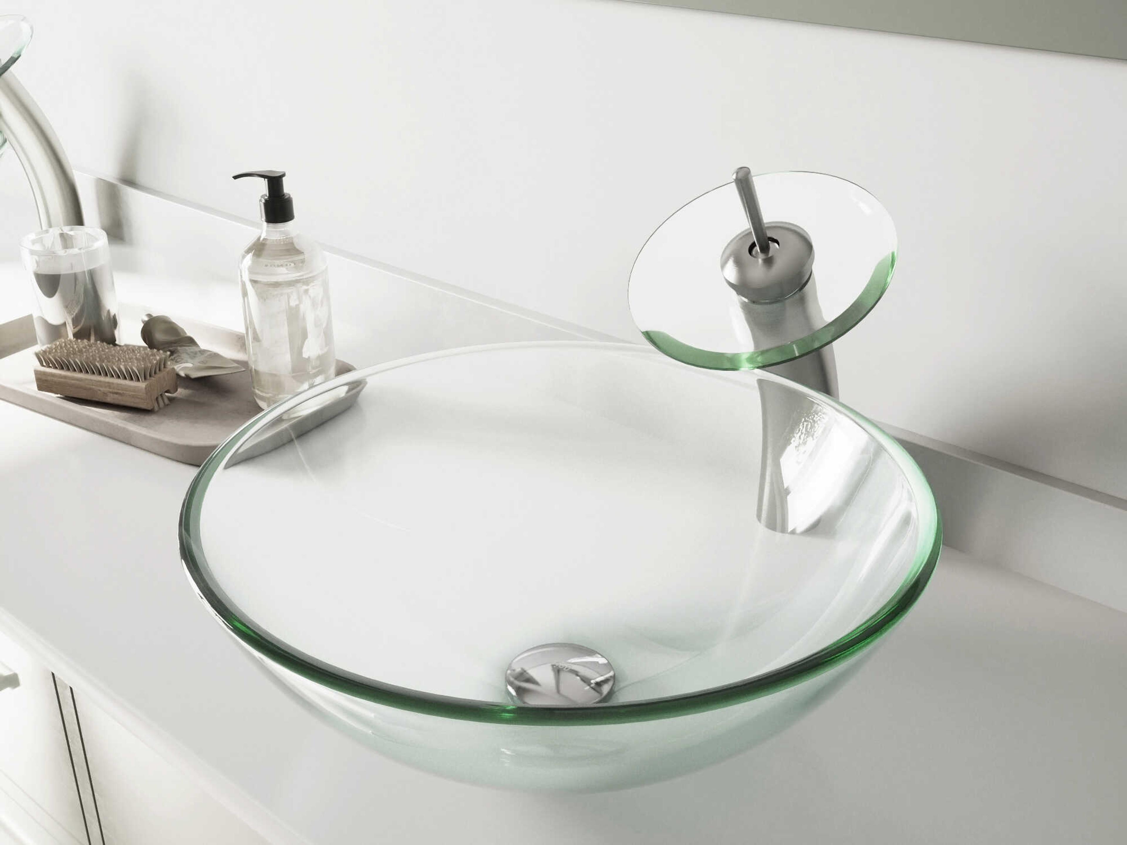 Vigo Crystalline Iridescent 17" Round Vessel Bathroom Sink with Brushed Nickel 1-Lever Waterfall Faucet and Drain