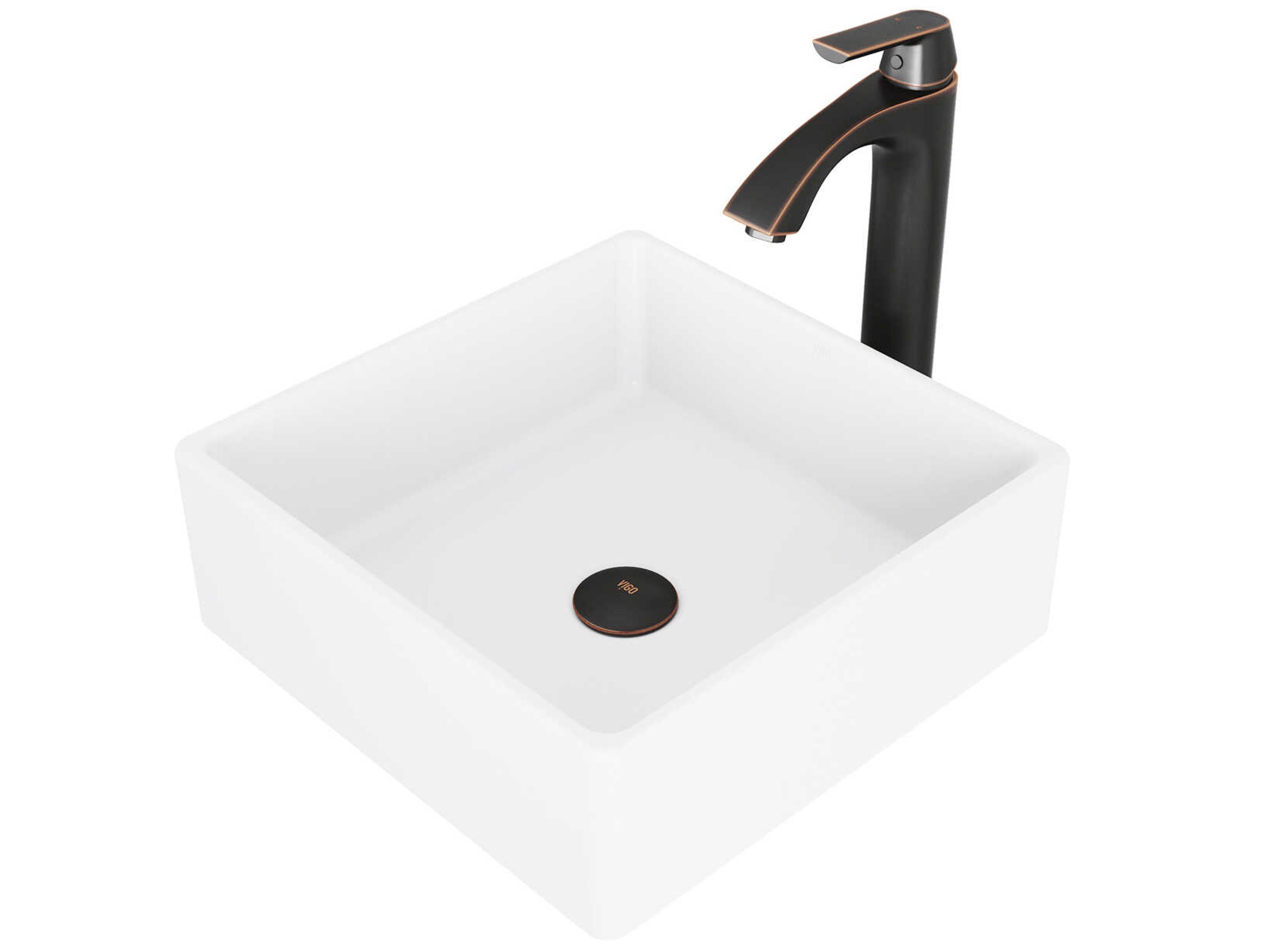 Dianthus Matte White 15" Square Vessel Bathroom Sink with Antique Rubbed Bronze 1-Lever Linus Faucet and Drain