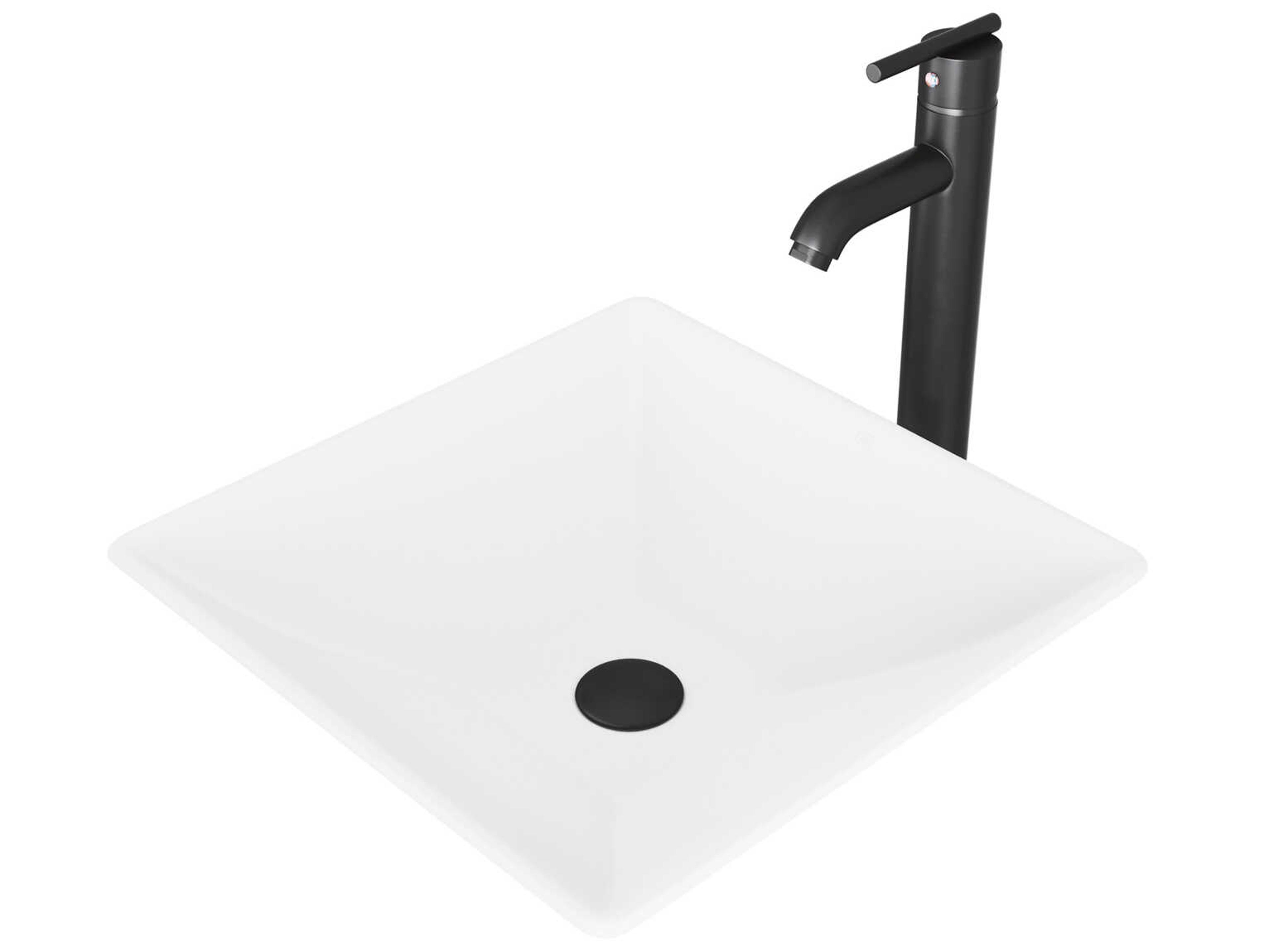 Hibiscus Matte White 16" Square Vessel Bathroom Sink with Matte Black 1-Lever Seville Faucet and Drain
