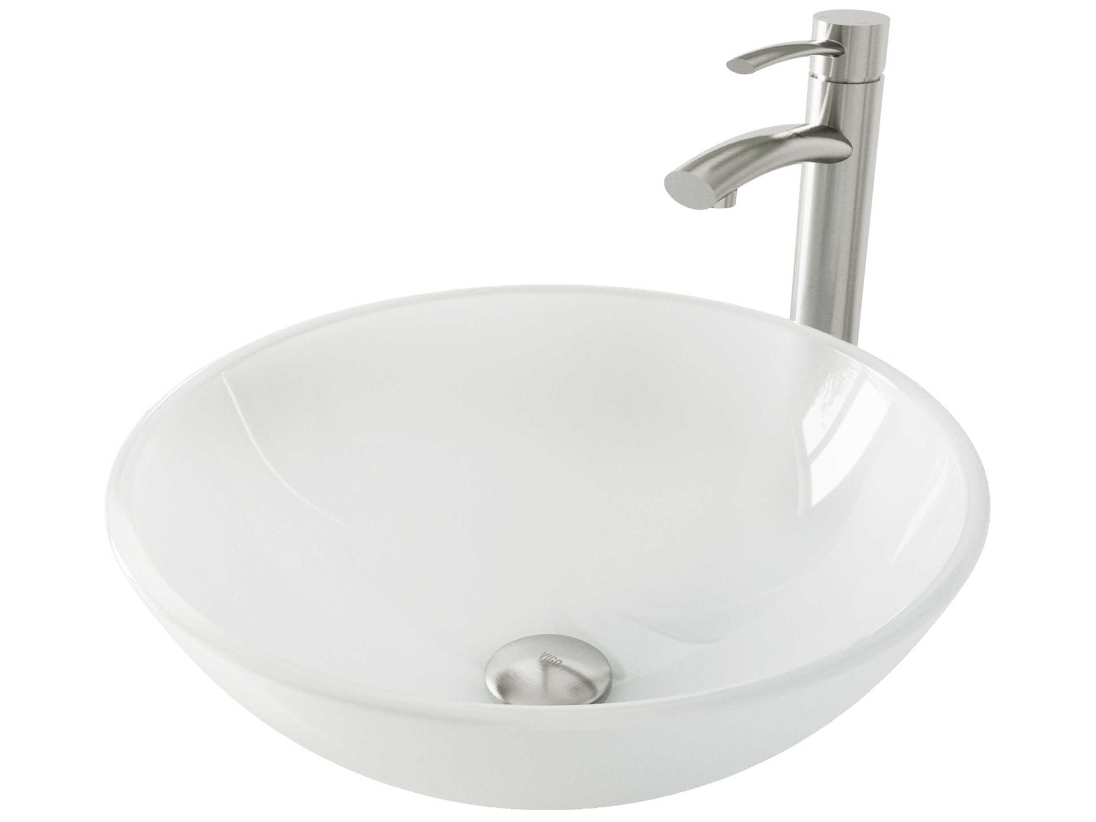 White Frost Glass Round Vessel Bathroom Sink with Milo Faucet and Pop-Up Drain