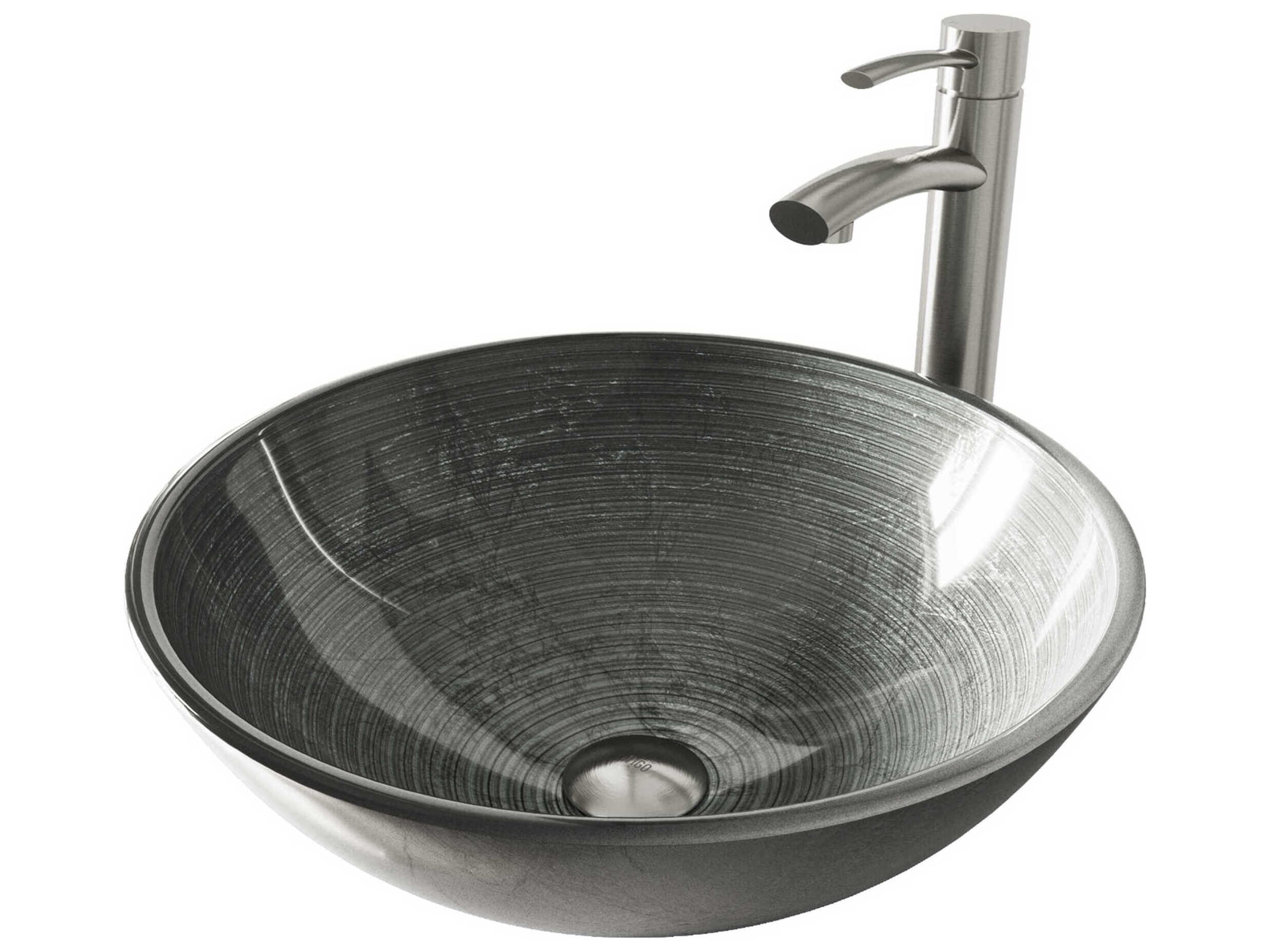 Simply Silver Round Vessel Bathroom Sink with Milo Faucet and Pop-Up Drain