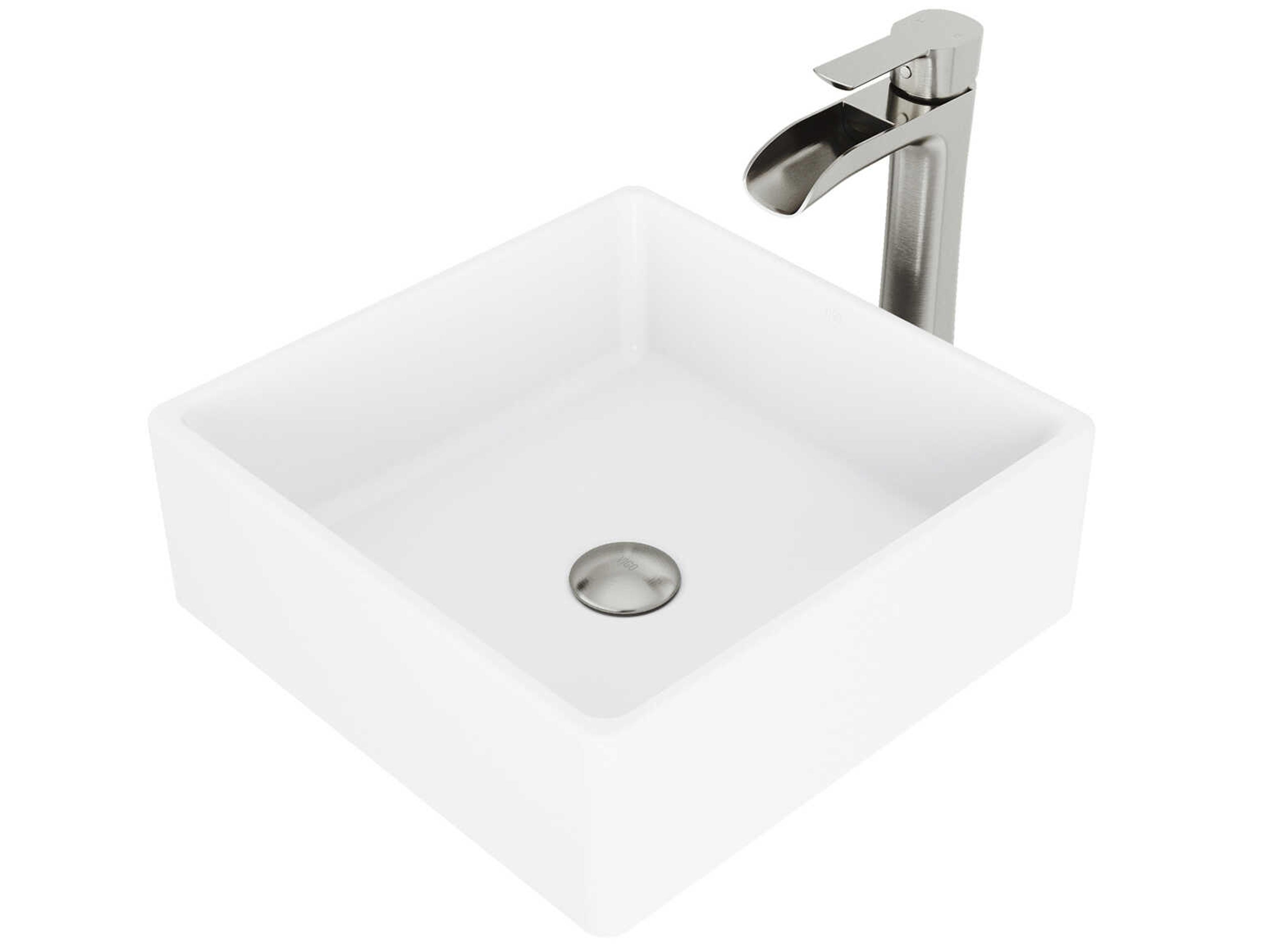 Dianthus Matte White 15" Square Vessel Bathroom Sink with Brushed Nickel 1-Lever Niko Faucet and Drain