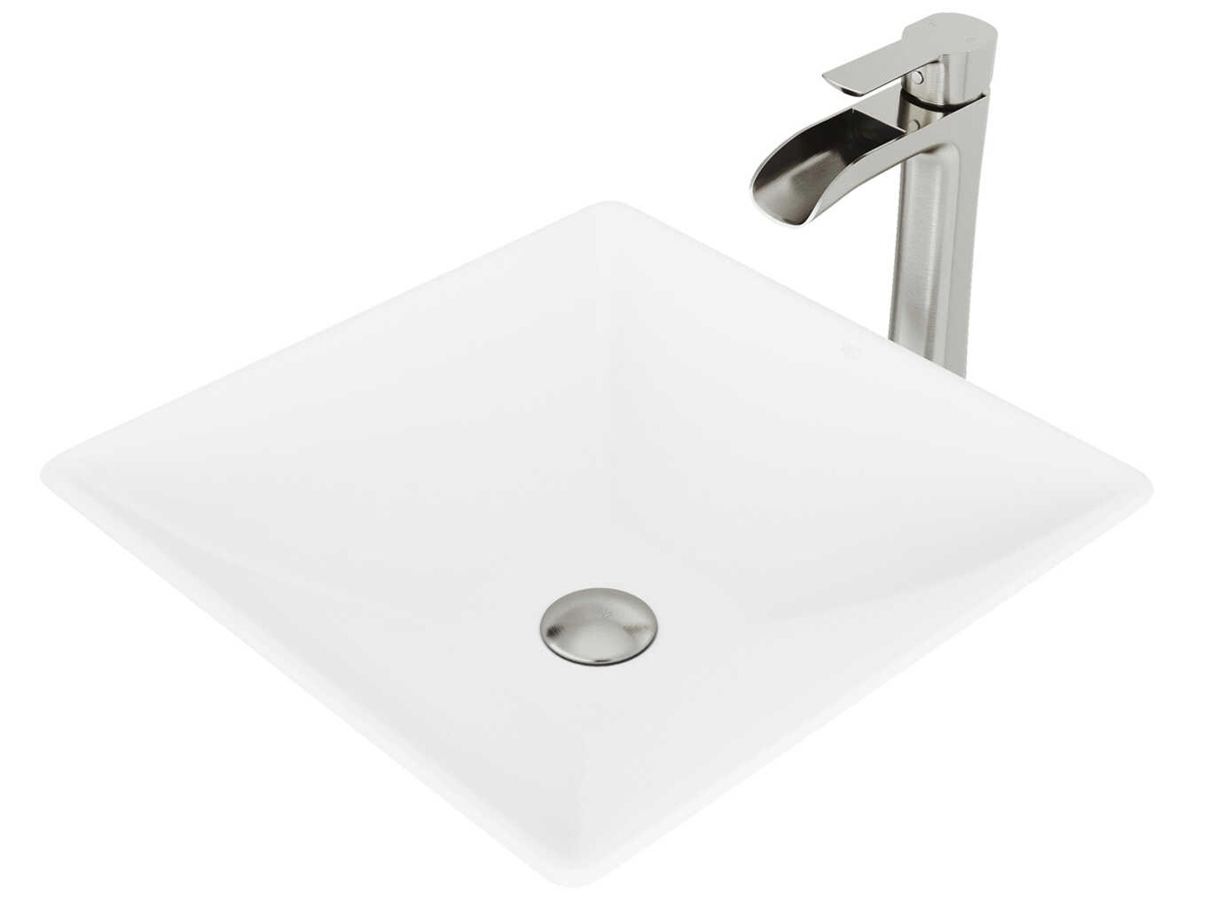 Hibiscus Matte White 16" Square Vessel Bathroom Sink with Brushed Nickel 1-Lever Niko Faucet and Drain