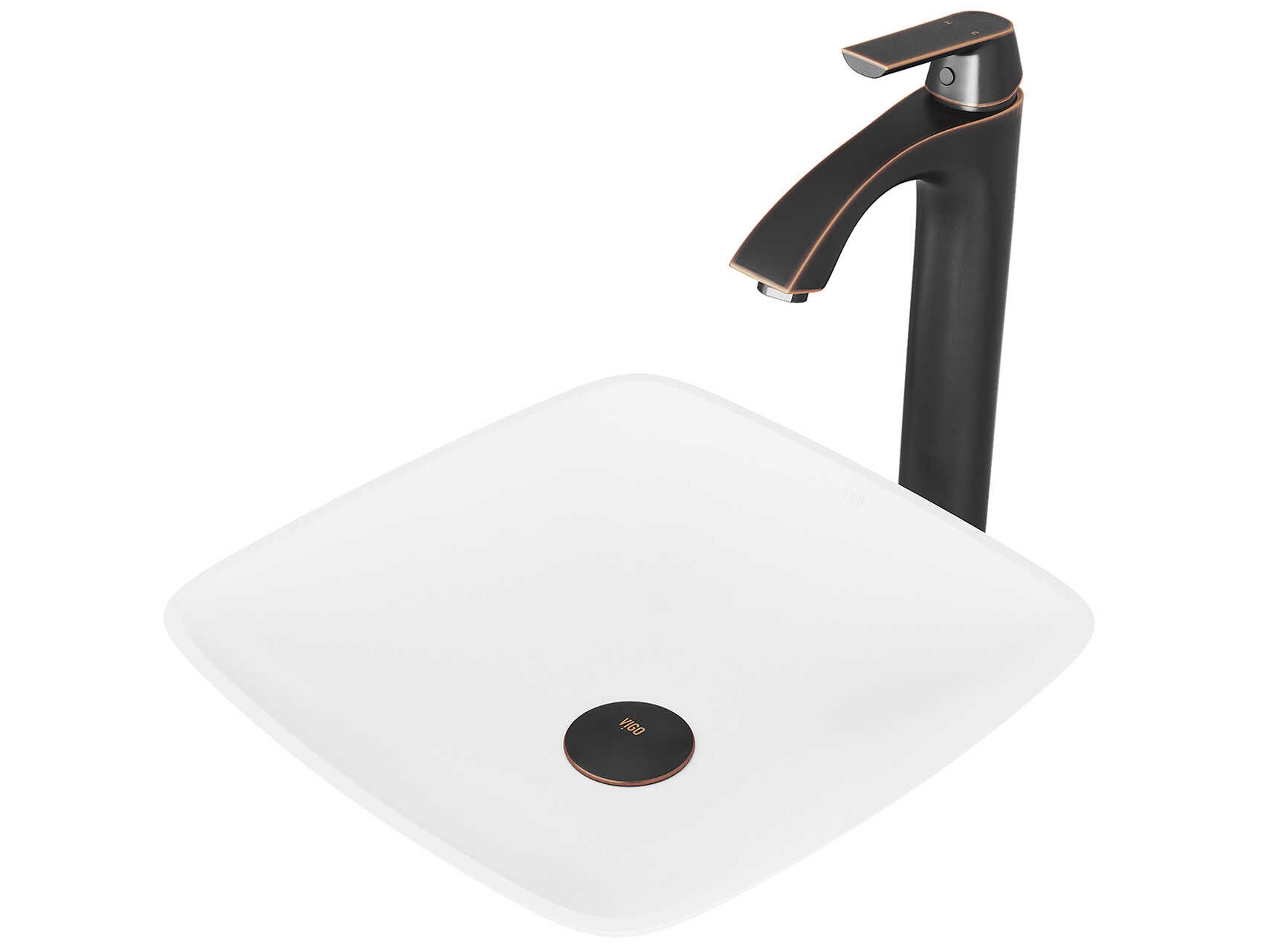 Hyacinth Matte White 14" Square Vessel Bathroom Sink with Antique Rubbed Bronze 1-Lever Linus Faucet and Drain