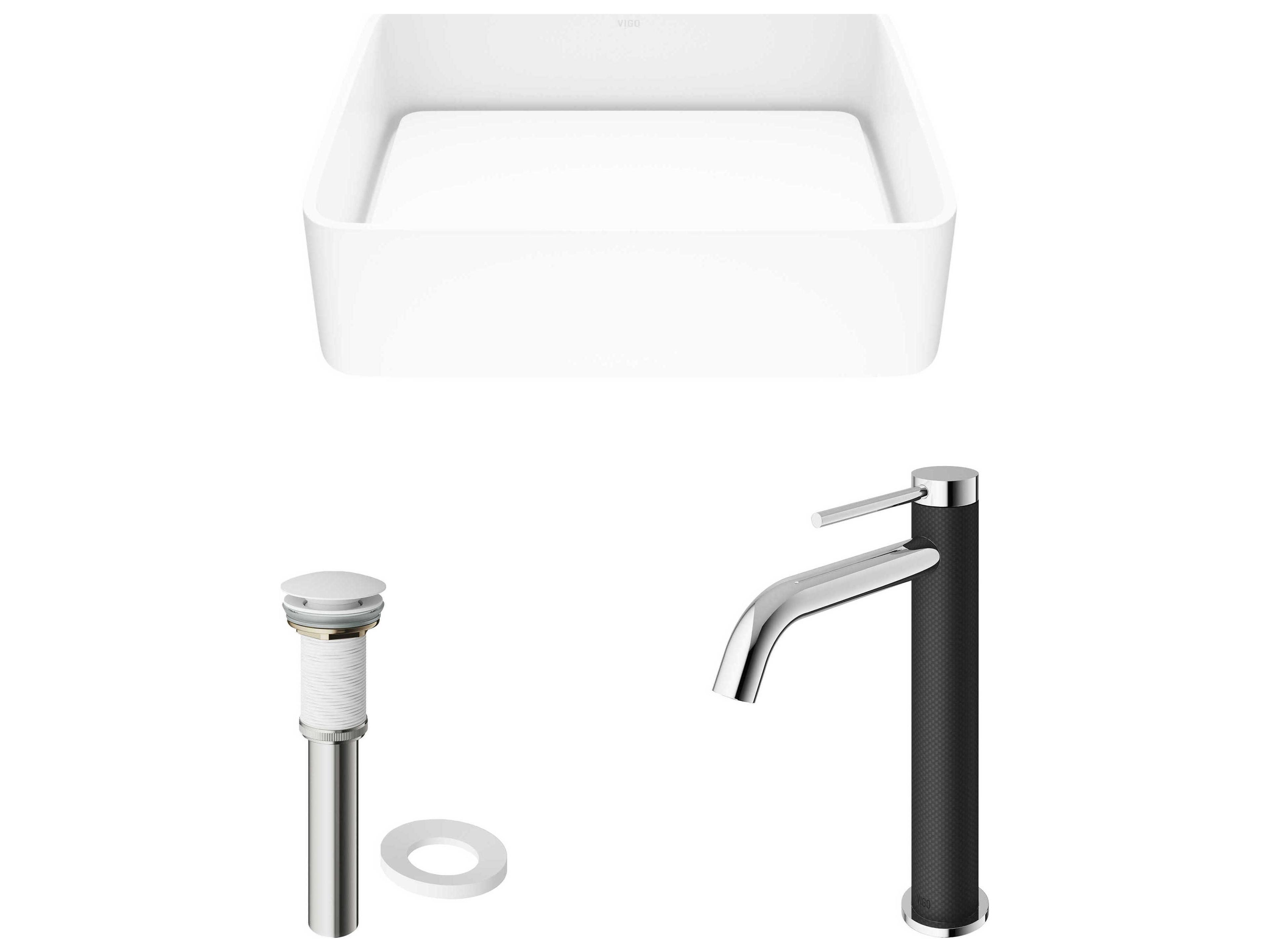 Vigo Jasmine Matte White 18" Rectangular Vessel Bathroom Sink with Chrome 1-Lever Lexington Faucet and Drain