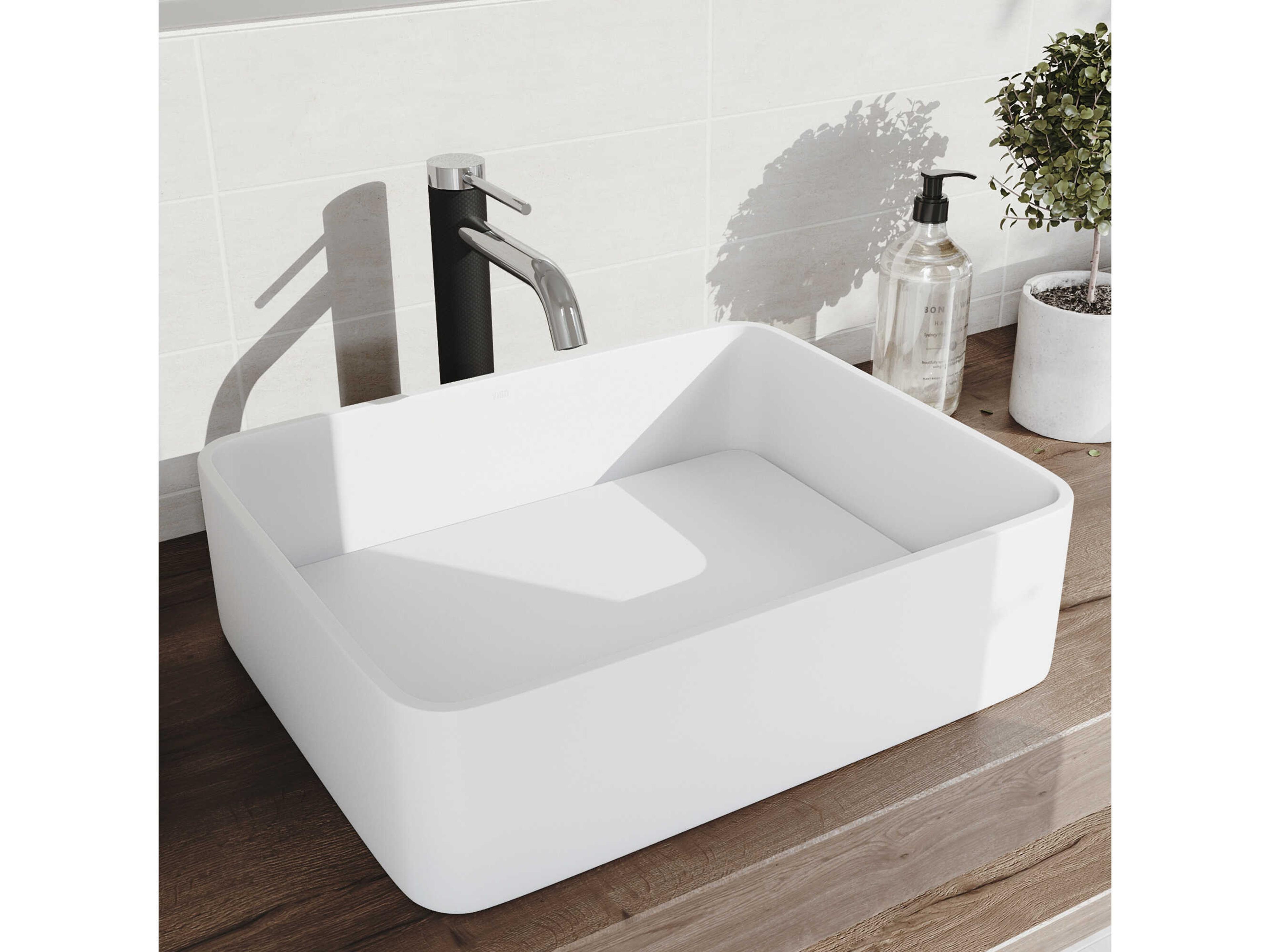 Vigo Jasmine Matte White 18" Rectangular Vessel Bathroom Sink with Chrome 1-Lever Lexington Faucet and Drain