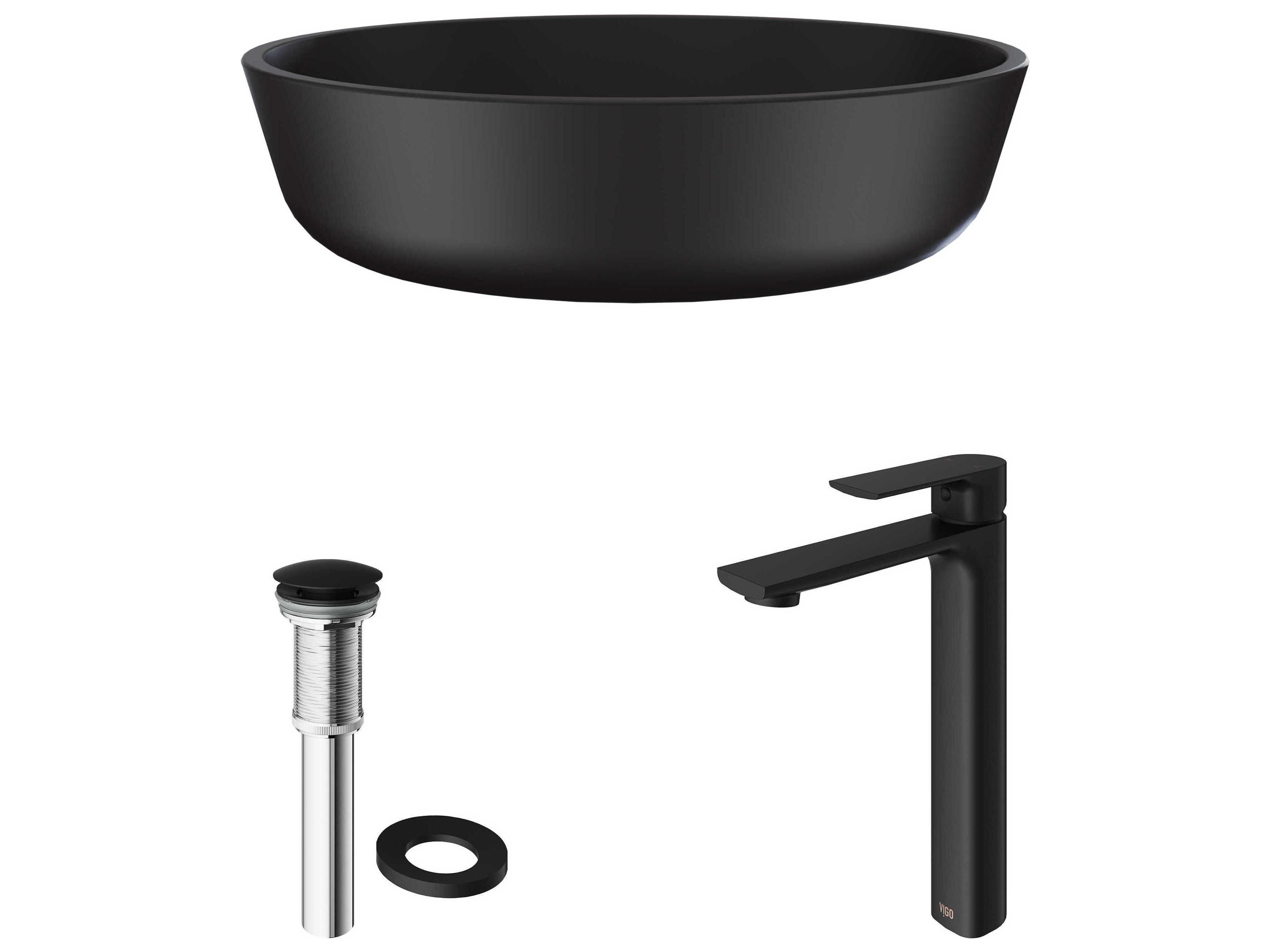 Vigo Modus Matte Shell 17" Round Vessel Bathroom Sink with Matte Black 1-Handle Norfolk Bathroom Faucet and Pop-Up Drain