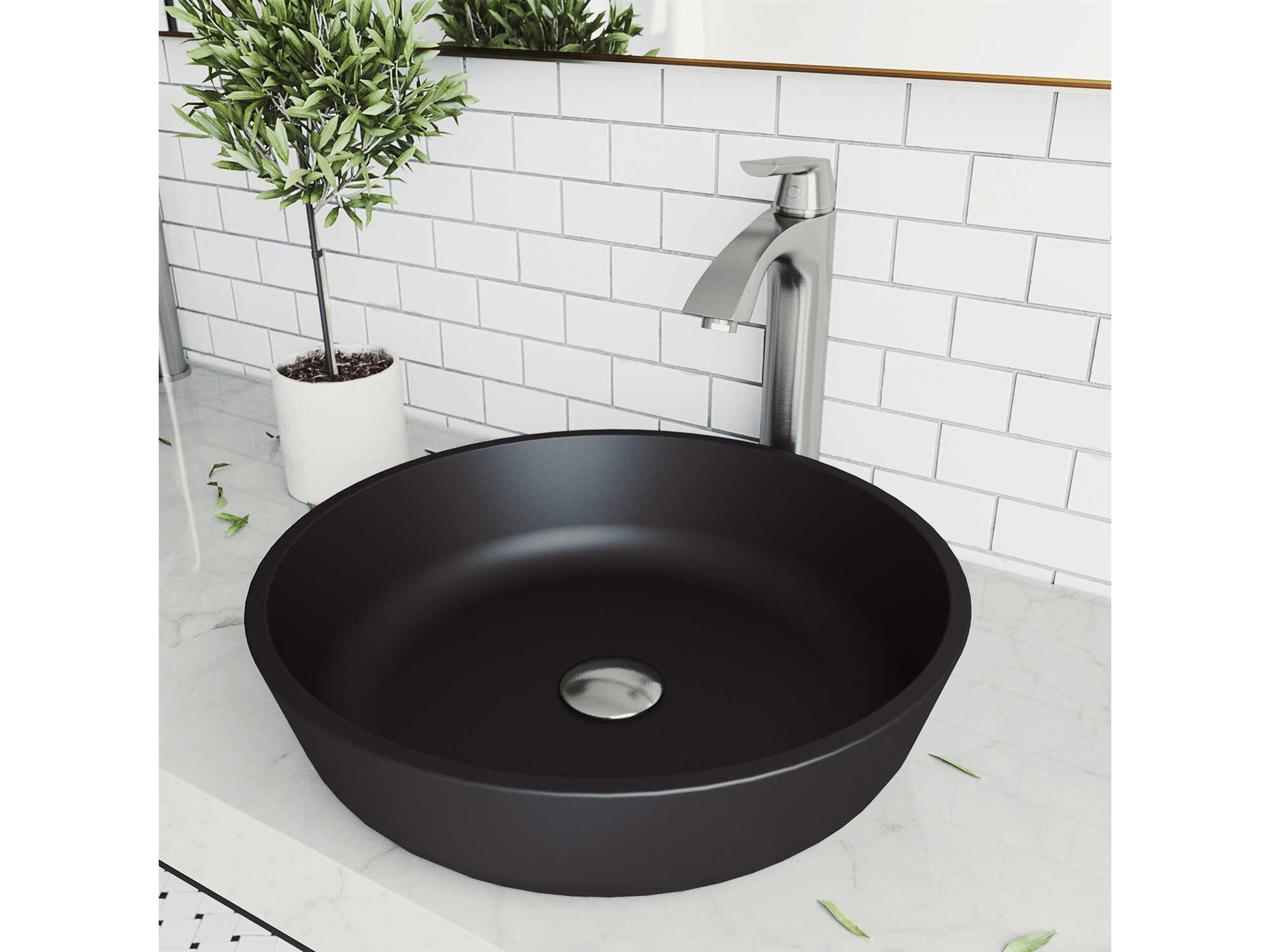 Vigo Modus Matte Shell 17" Round Vessel Bathroom Sink with Brushed Nickel 1-Handle Linus Bathroom Faucet and Pop-Up Drain