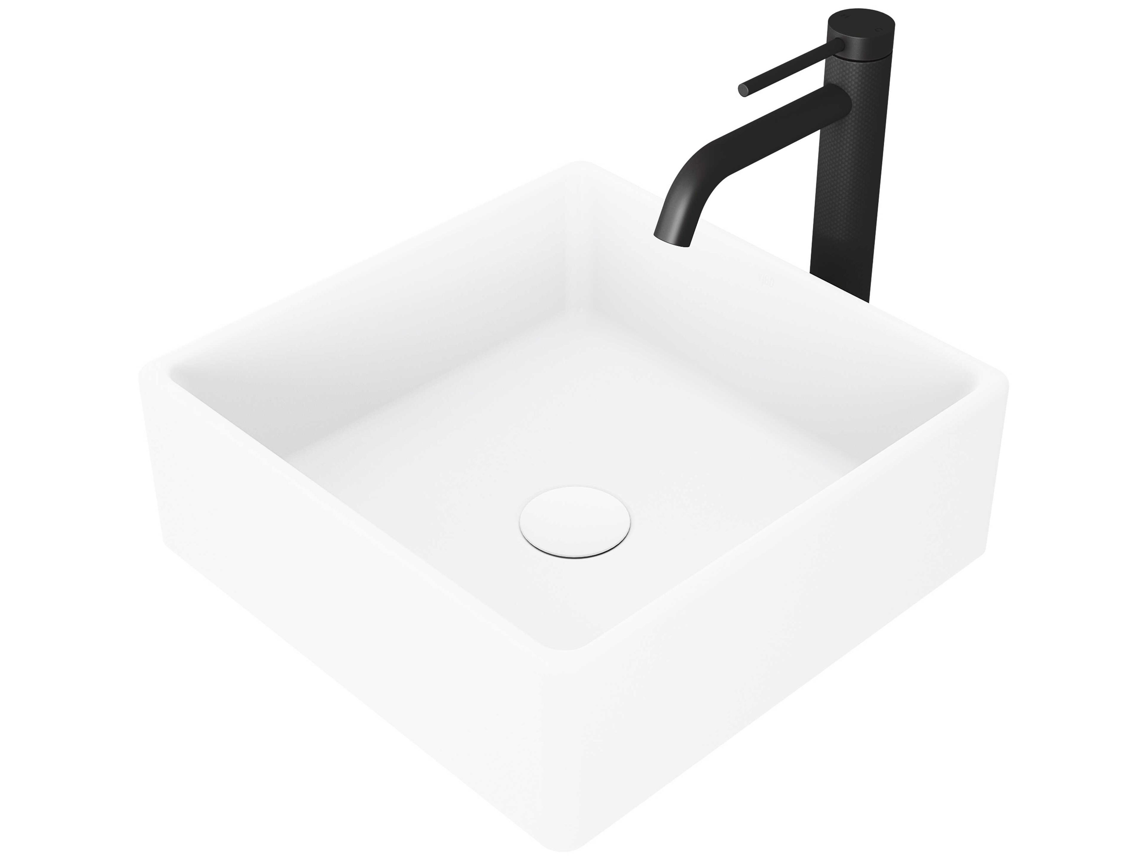 Dianthus Matte White 15" Square Vessel Bathroom Sink with Matte Black 1-Lever Lexington Faucet and Drain