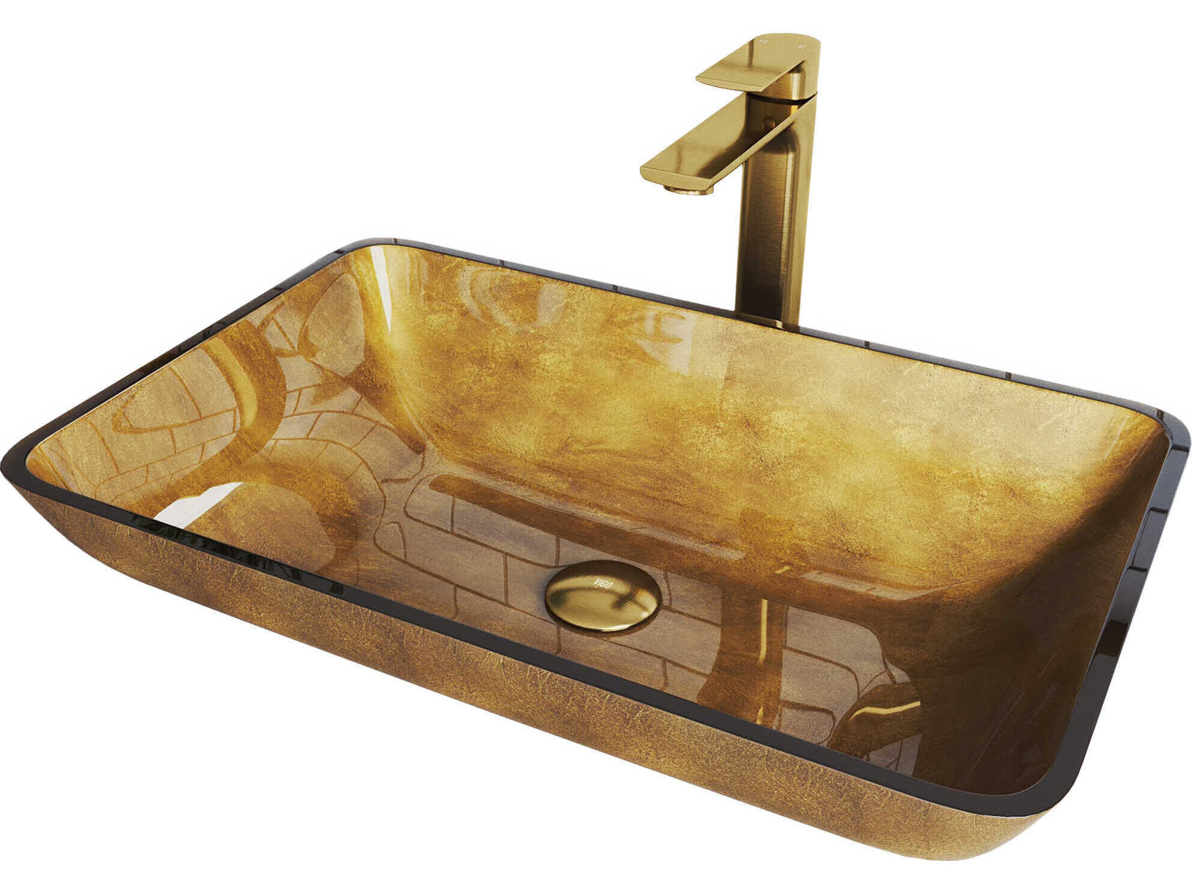 Vigo Copper 22" Rectangular Vessel Bathroom Sink with Matte Brushed Gold 1-Lever Norfolk Faucet and Pop-Up Drain