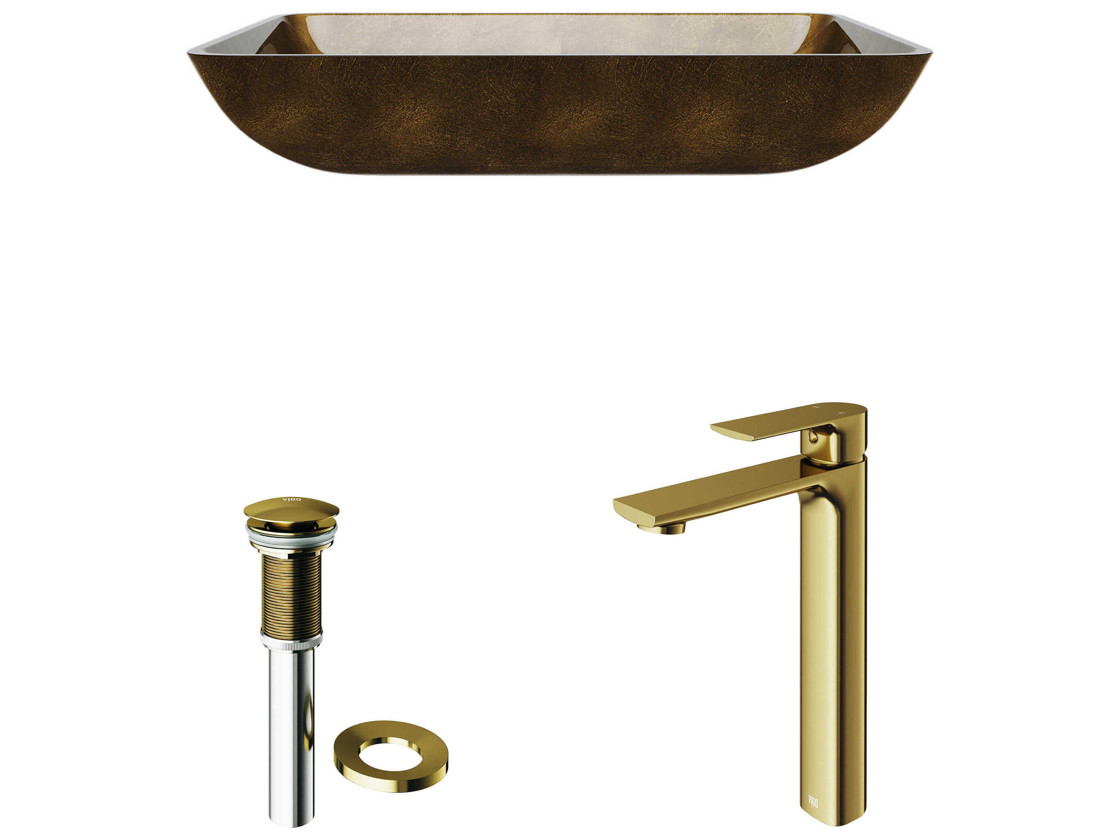 Vigo Copper 22" Rectangular Vessel Bathroom Sink with Matte Brushed Gold 1-Lever Norfolk Faucet and Pop-Up Drain
