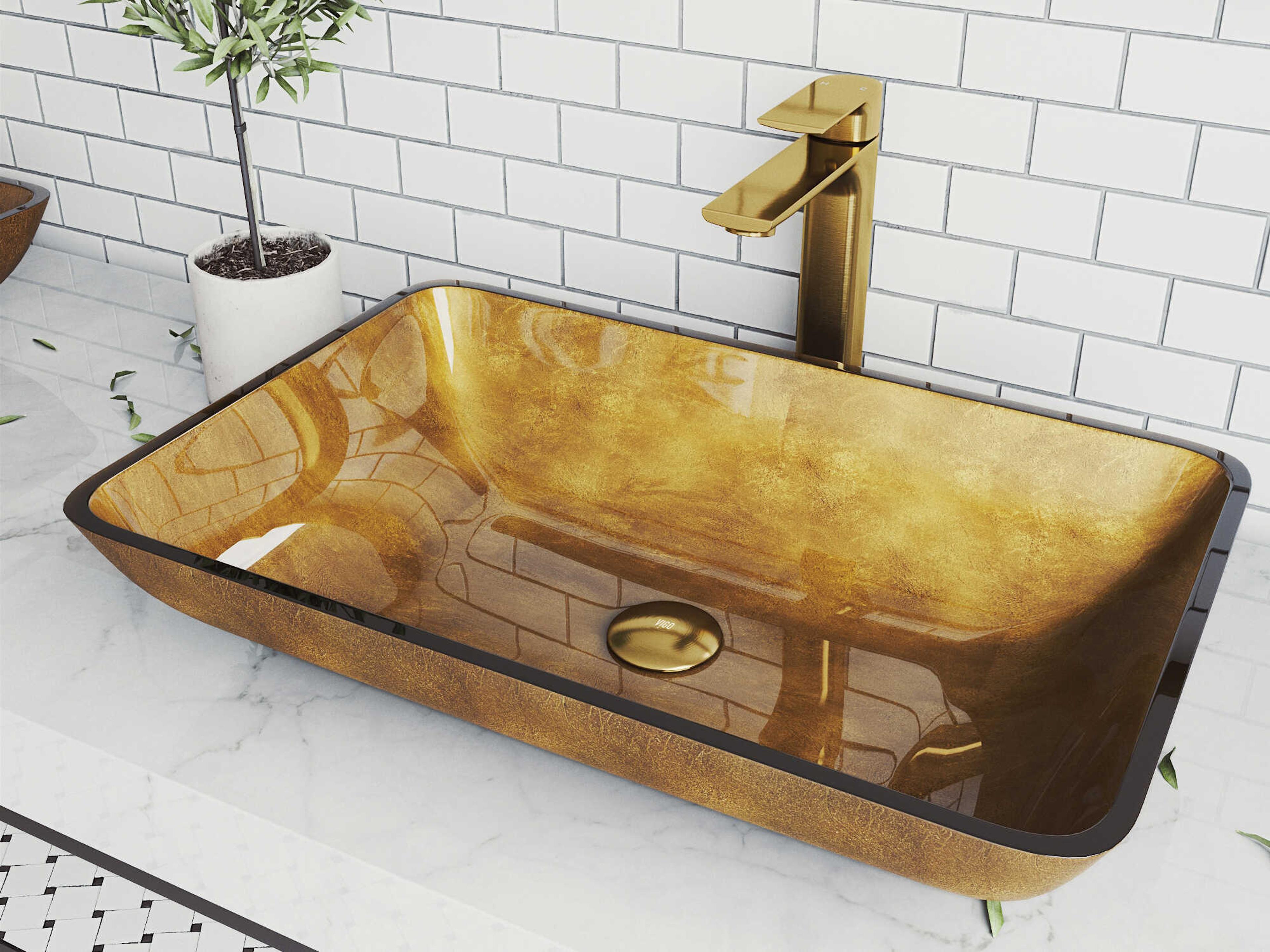 Vigo Copper 22" Rectangular Vessel Bathroom Sink with Matte Brushed Gold 1-Lever Norfolk Faucet and Pop-Up Drain