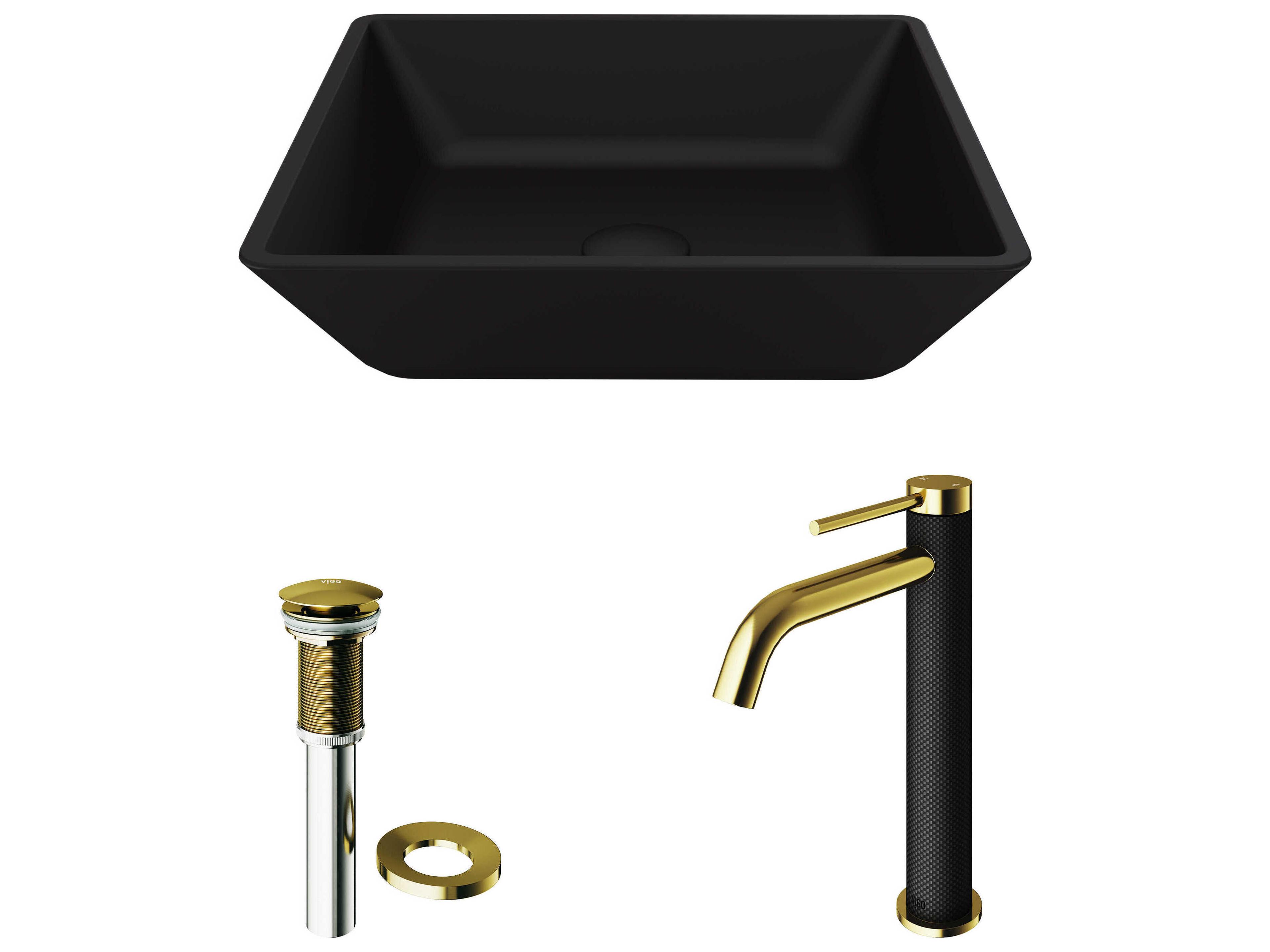 Vigo Roma Matte Shell 18" Rectangular Vessel Bathroom Sink with Matte Gold / Matte Black Lexington Faucet