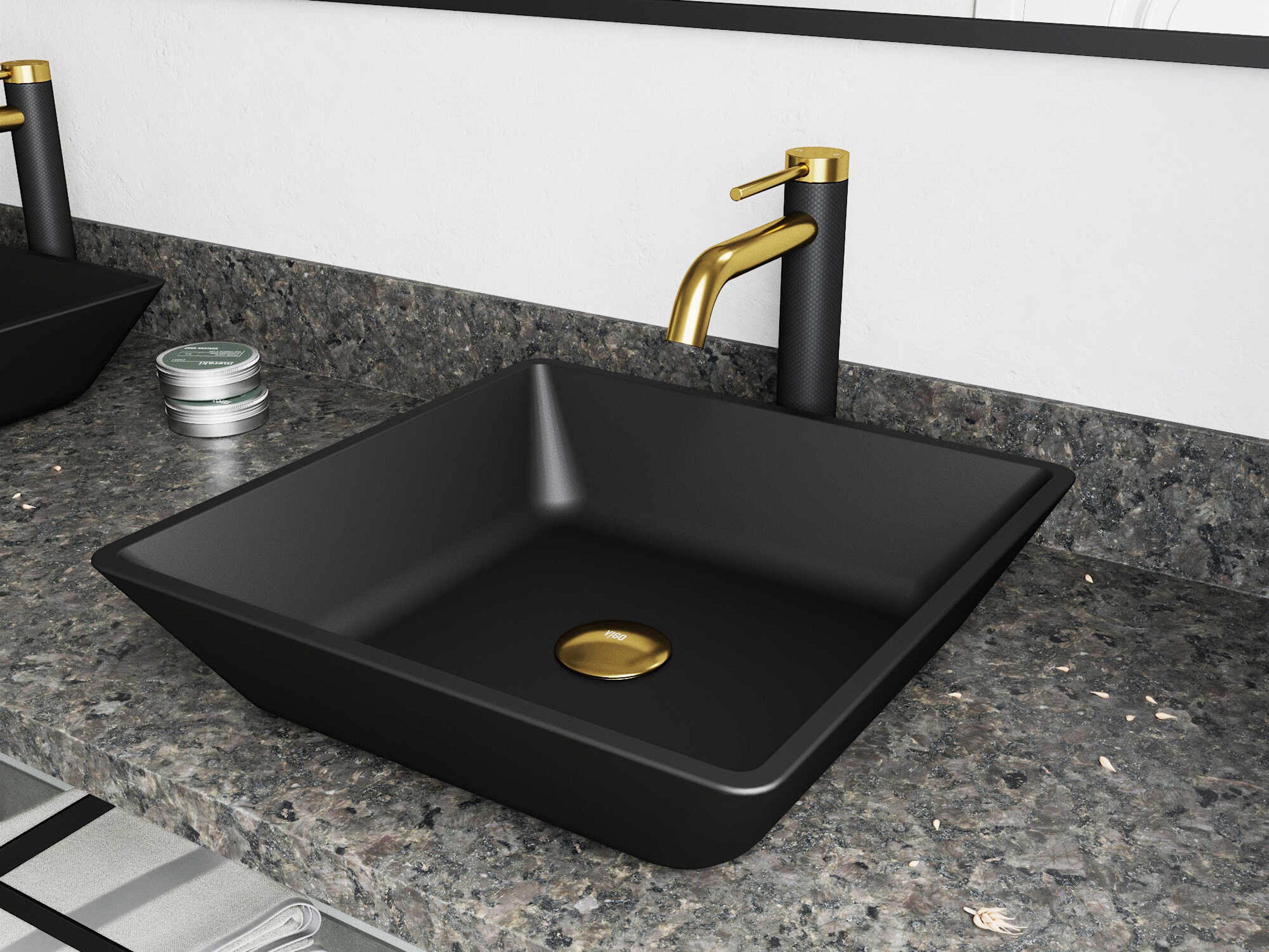Vigo Roma Matte Shell 18" Rectangular Vessel Bathroom Sink with Matte Gold / Matte Black Lexington Faucet