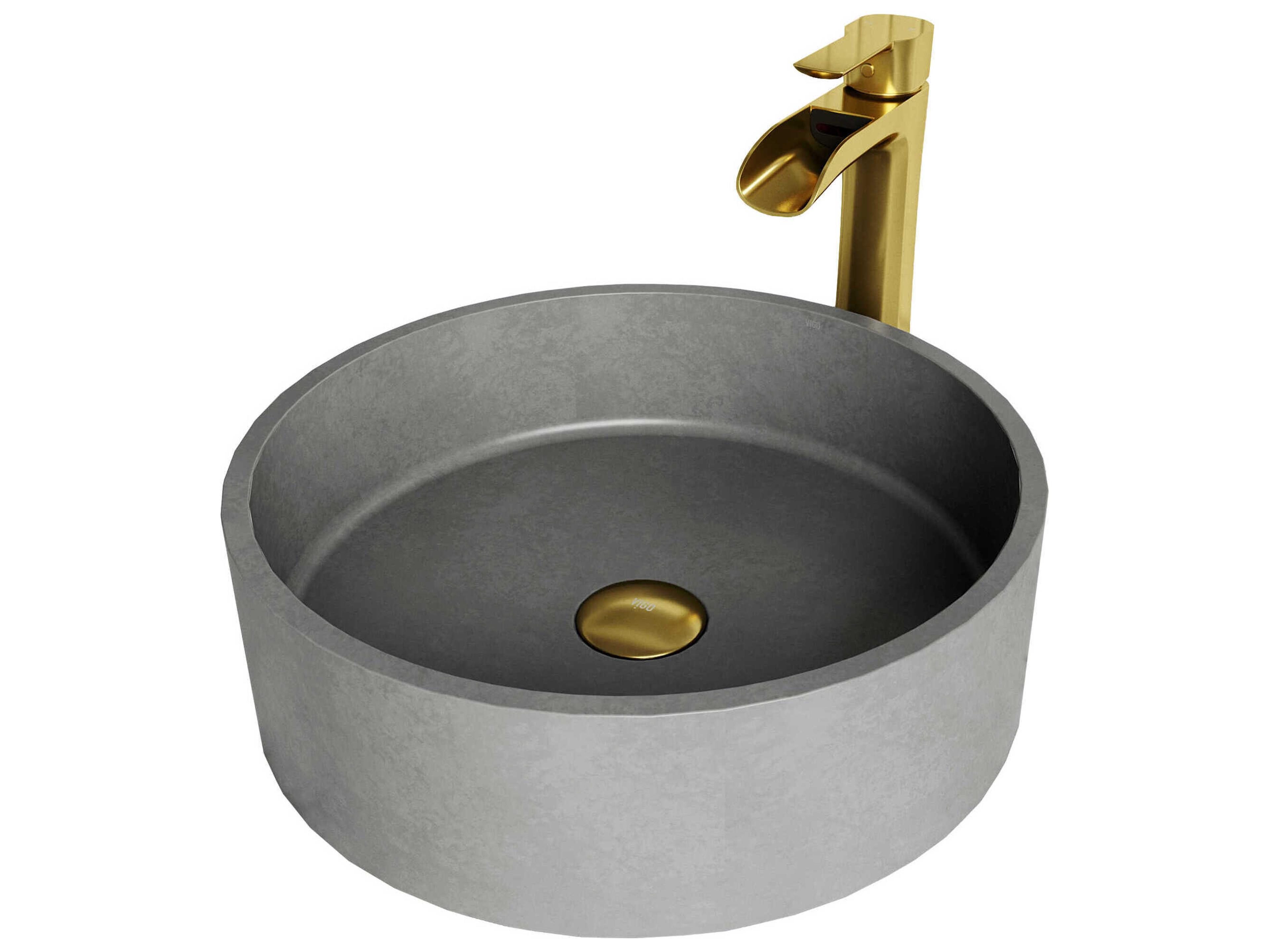 Concreto Stone Concrete Round Vessel Bathroom Sink with Niko Faucet and Pop-Up Drain