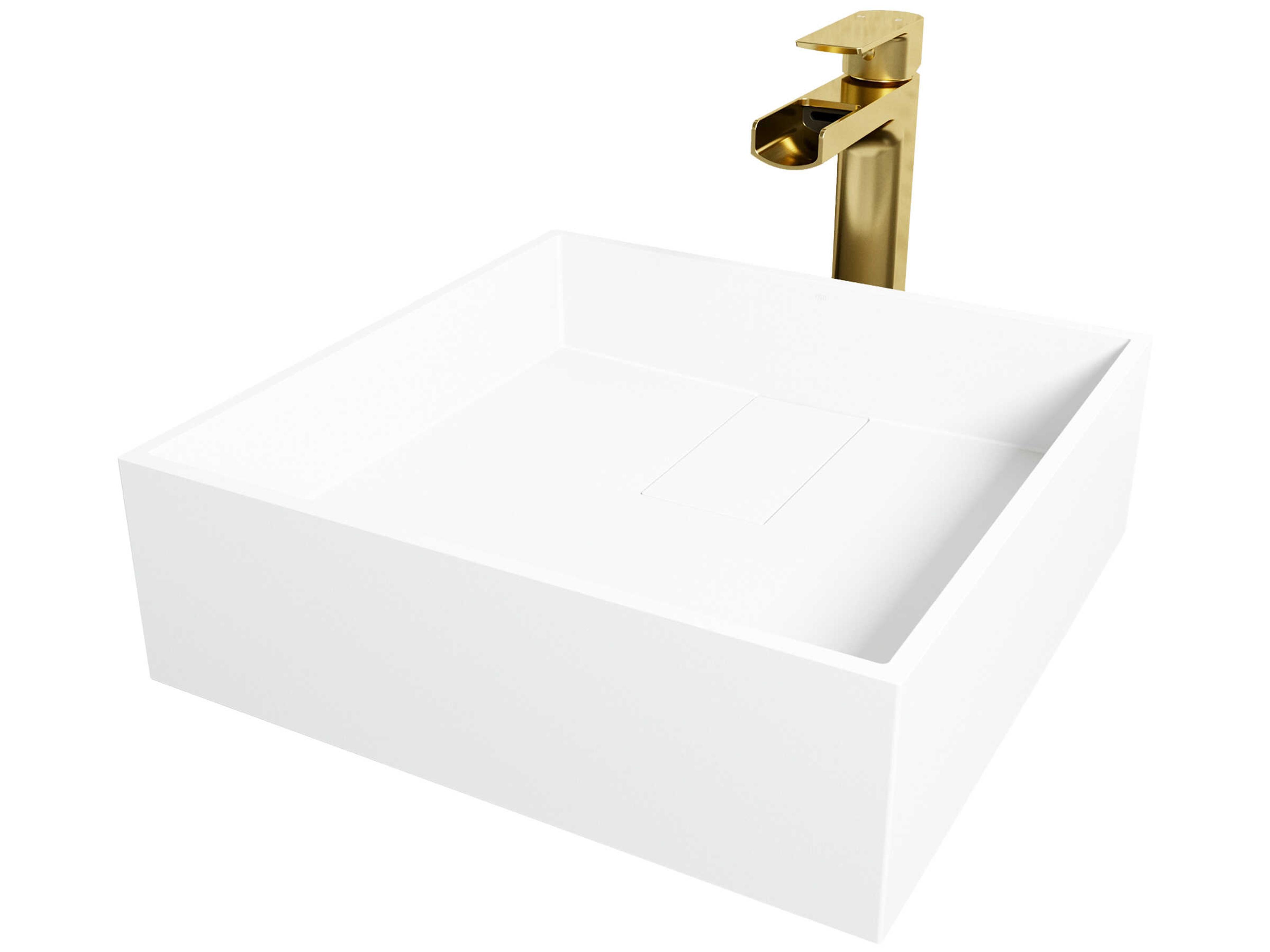 Bryant Matte Stone Square Vessel Bathroom Sink with Amada Faucet and Drain