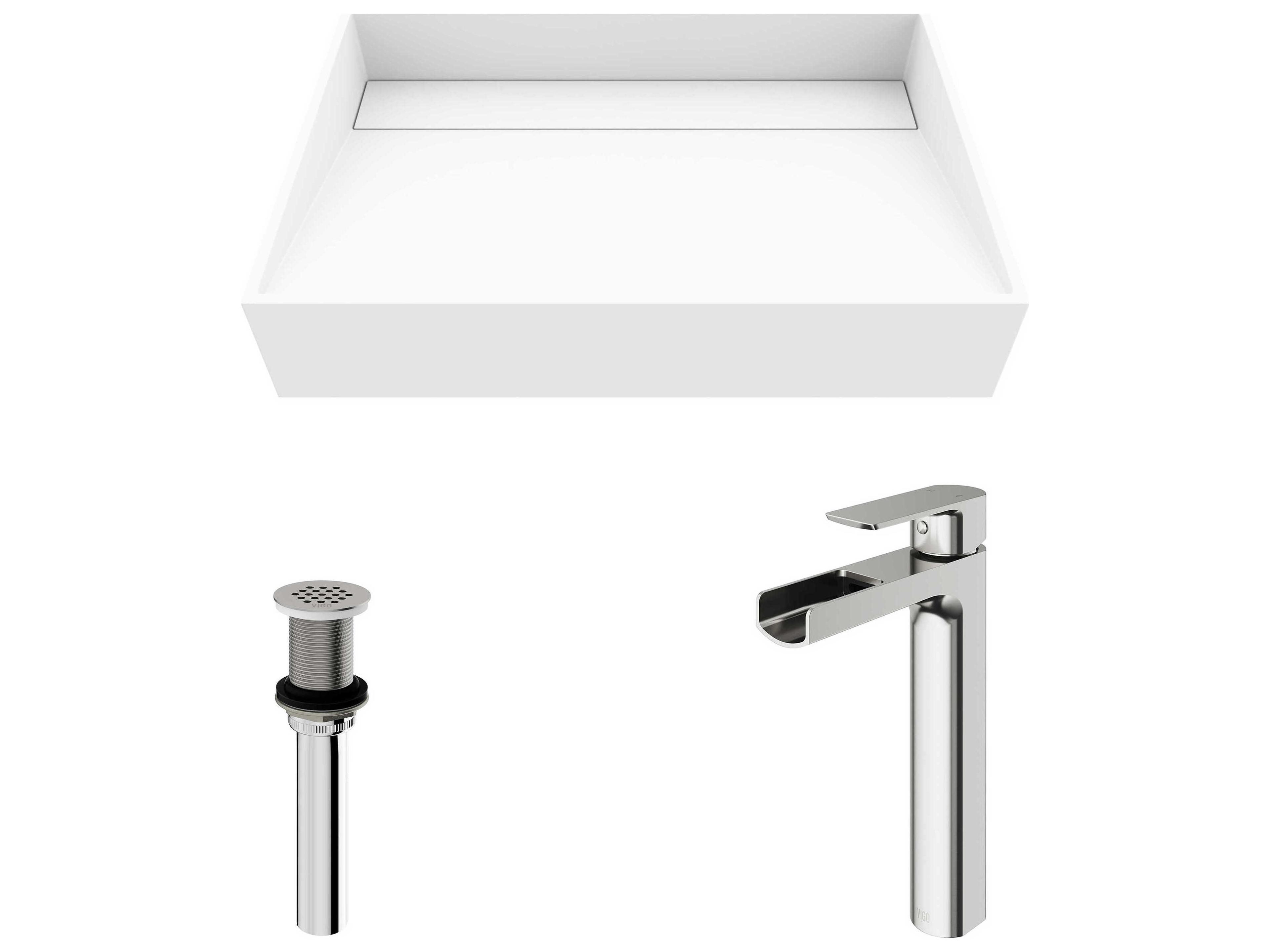 Vigo Starr Rectangular Vessel Bathroom Sink with Amada Faucet and Drain
